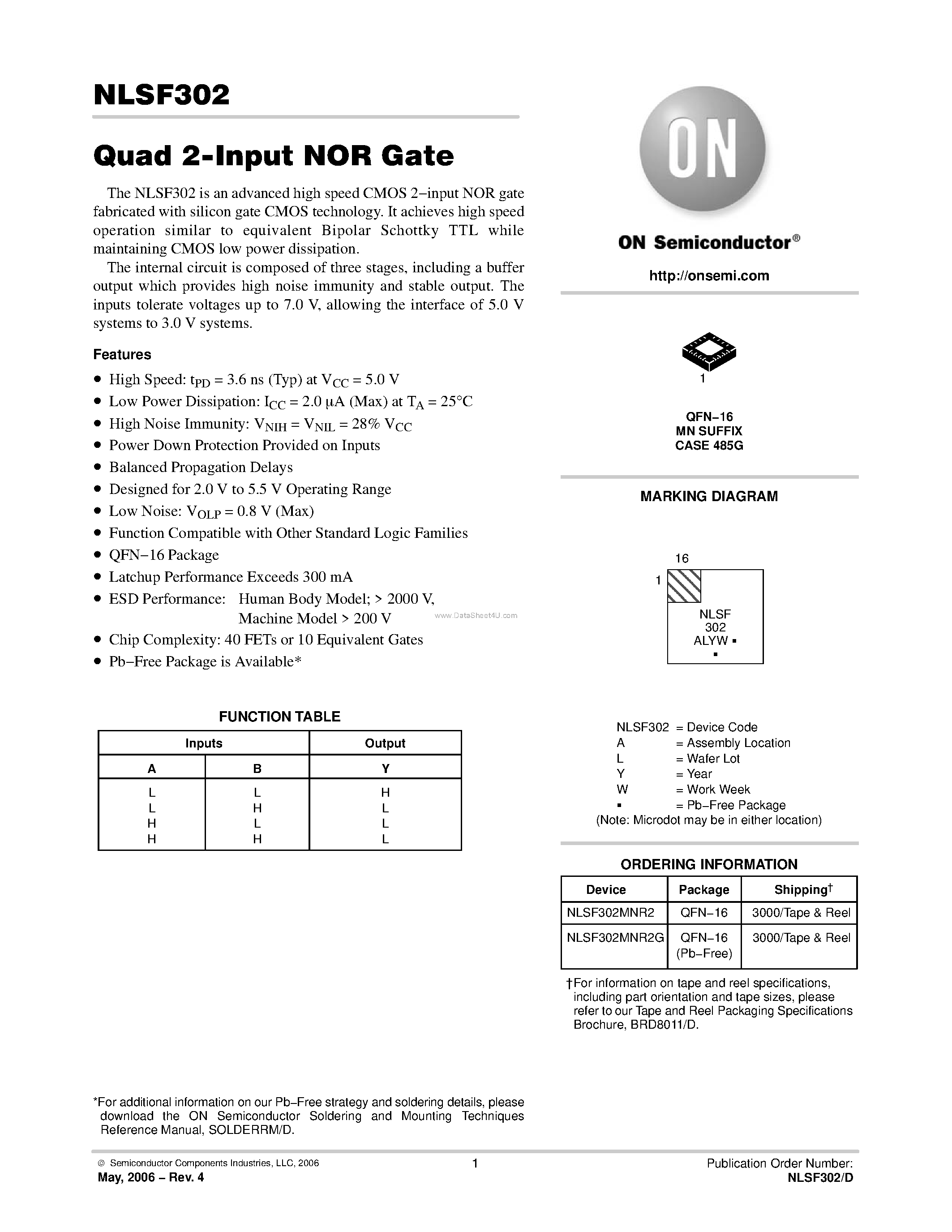 Datasheet NLSF302 - Quad 2-Input NOR Gate page 1