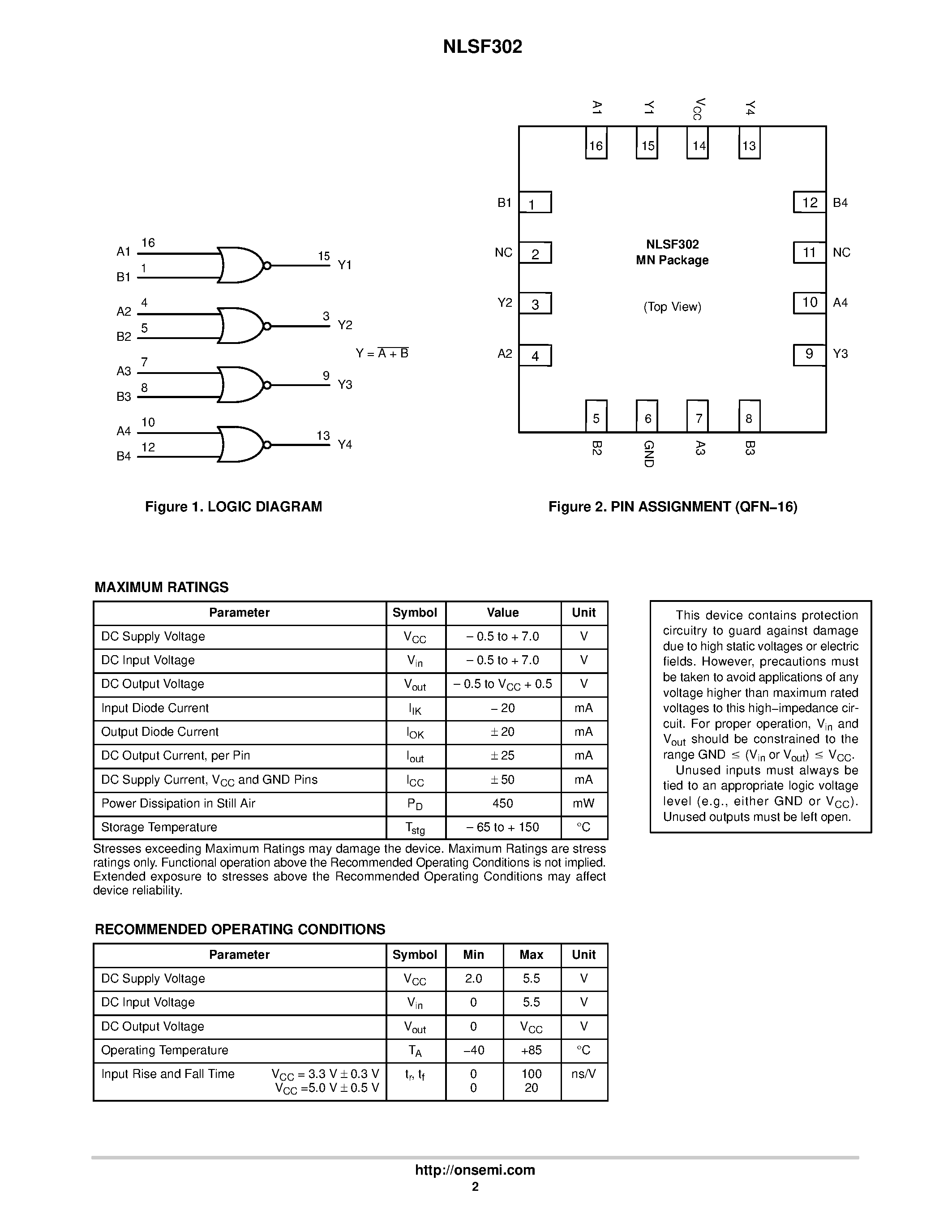 Datasheet NLSF302 - Quad 2-Input NOR Gate page 2