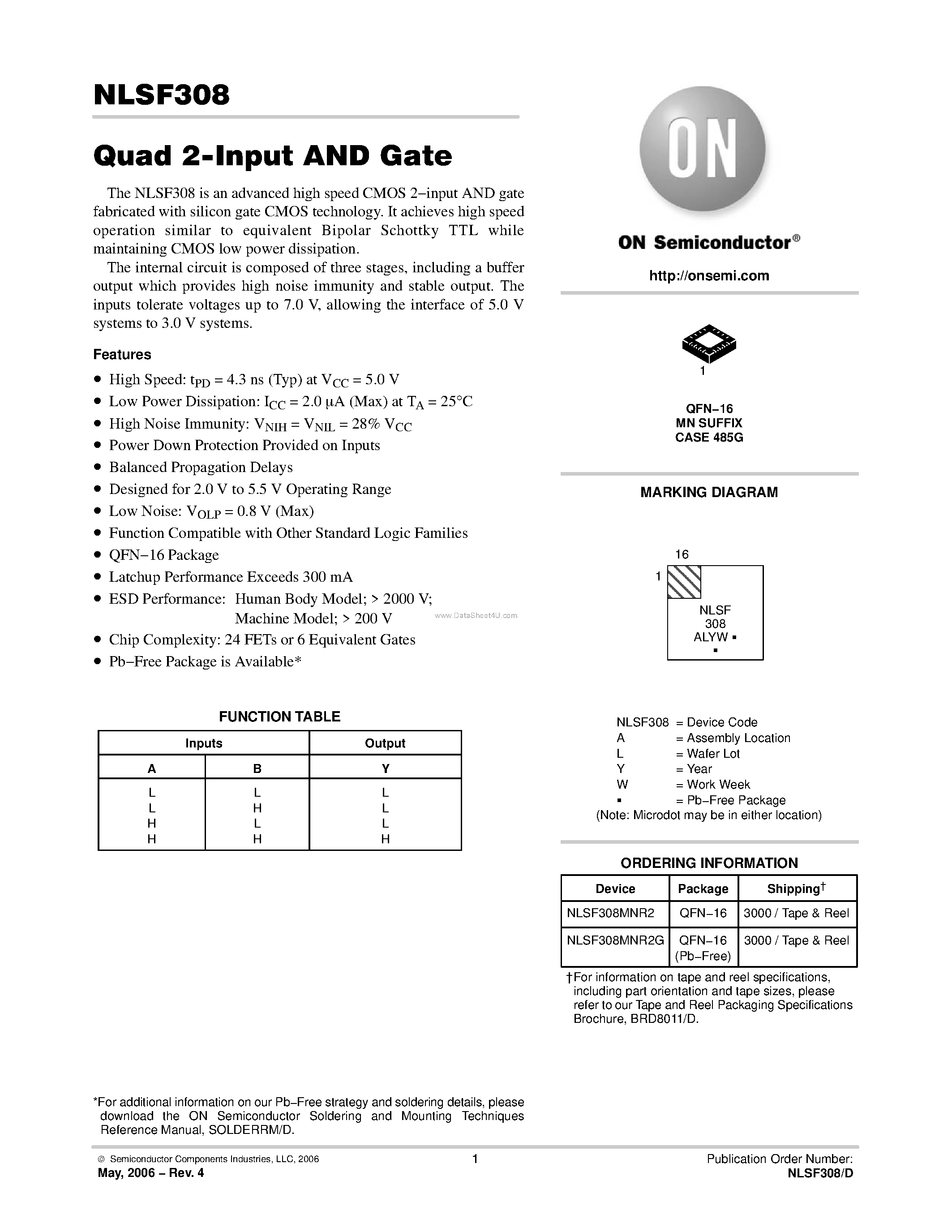 Datasheet NLSF308 - Quad 2-Input AND Gate page 1