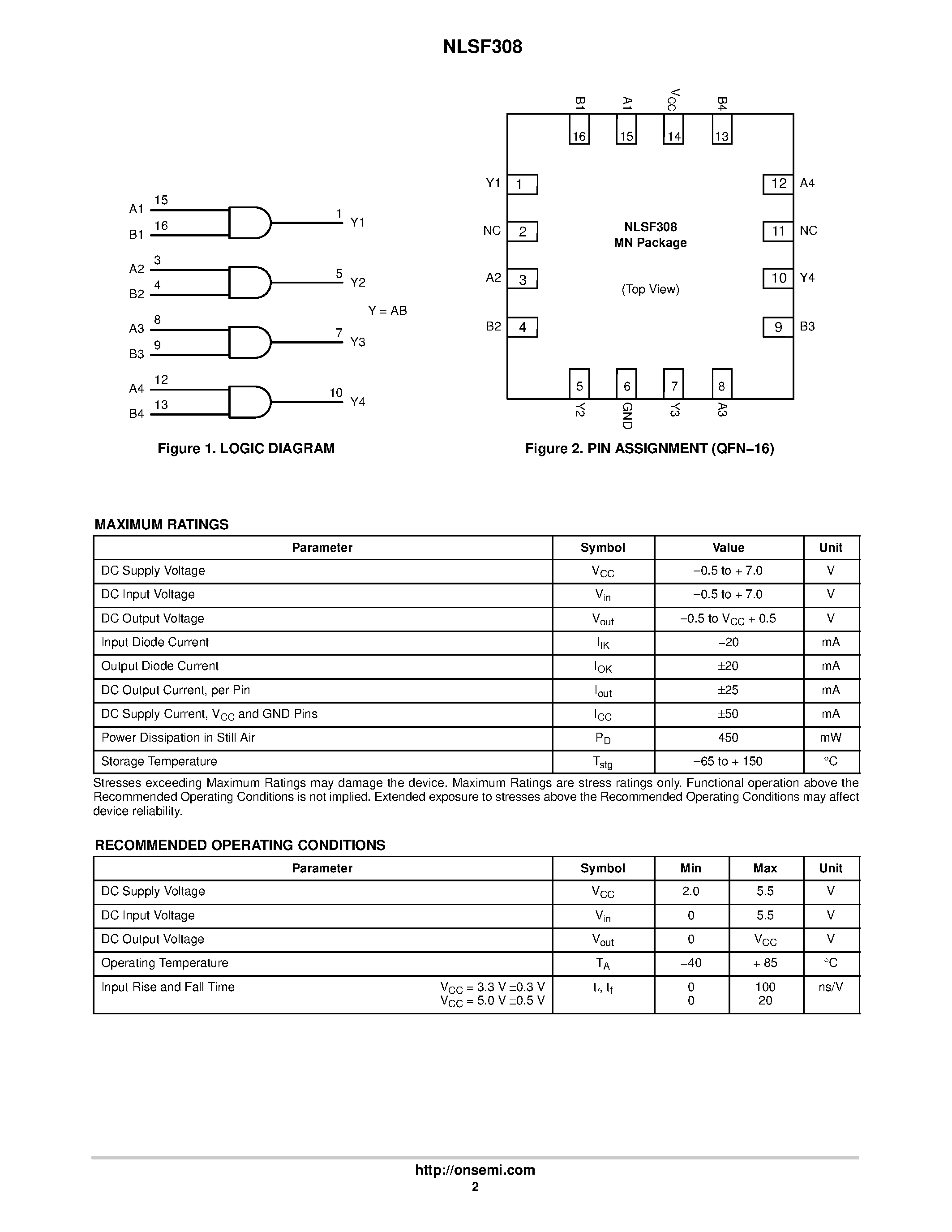 Datasheet NLSF308 - Quad 2-Input AND Gate page 2