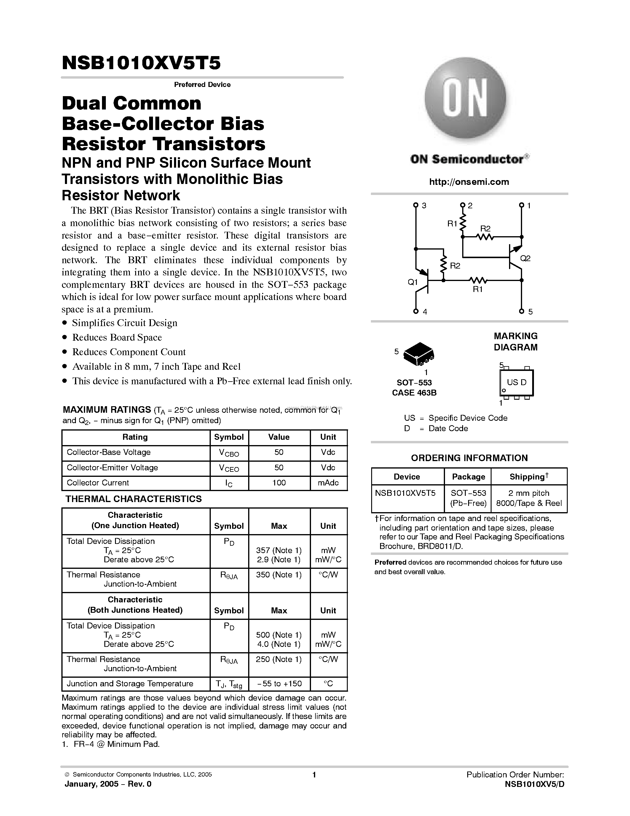 Datasheet NSB1010XV5T5 - Dual Common Base-Collector Bias Resistor Transistors page 1
