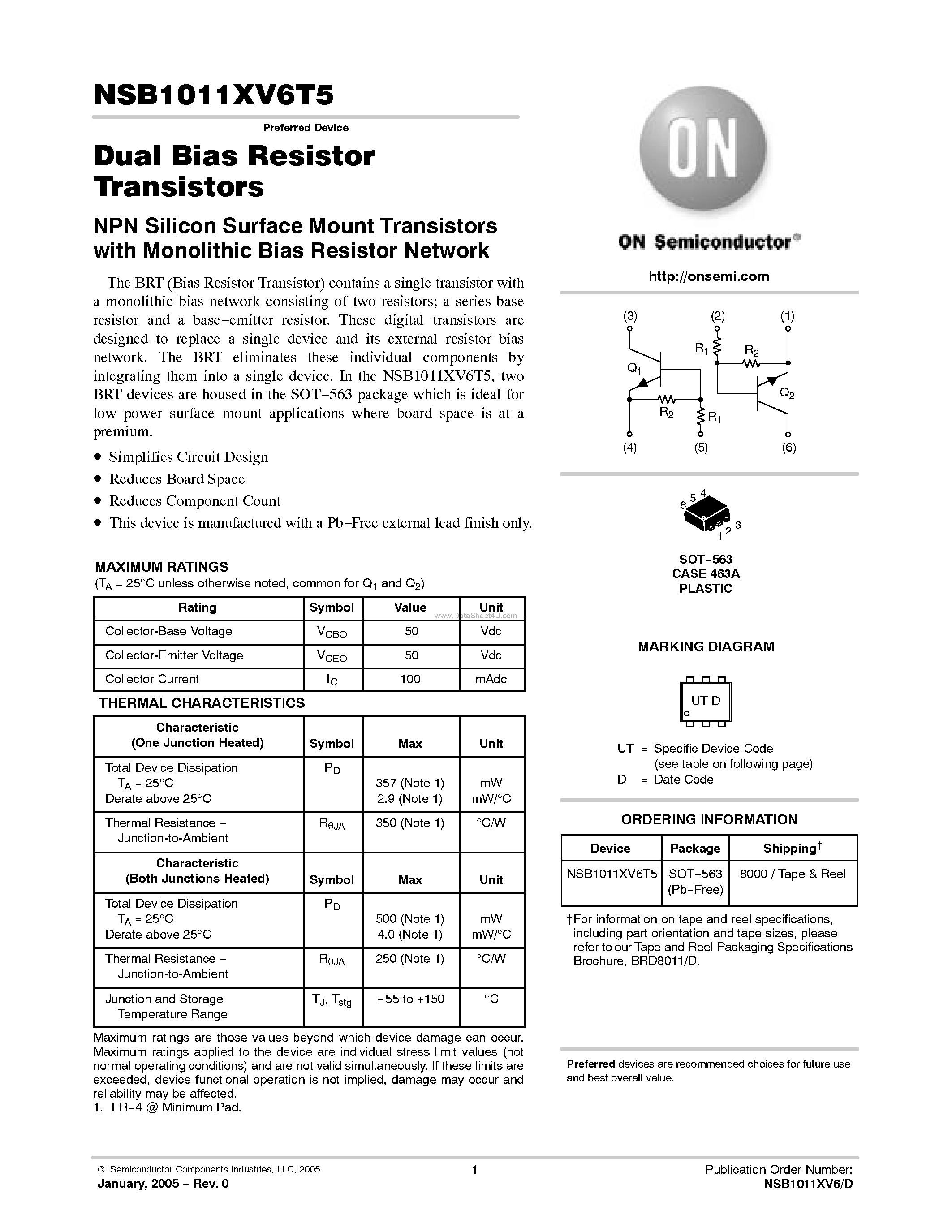 Datasheet NSB1011XV6T5 - Dual Bias Resistor Transistors page 1