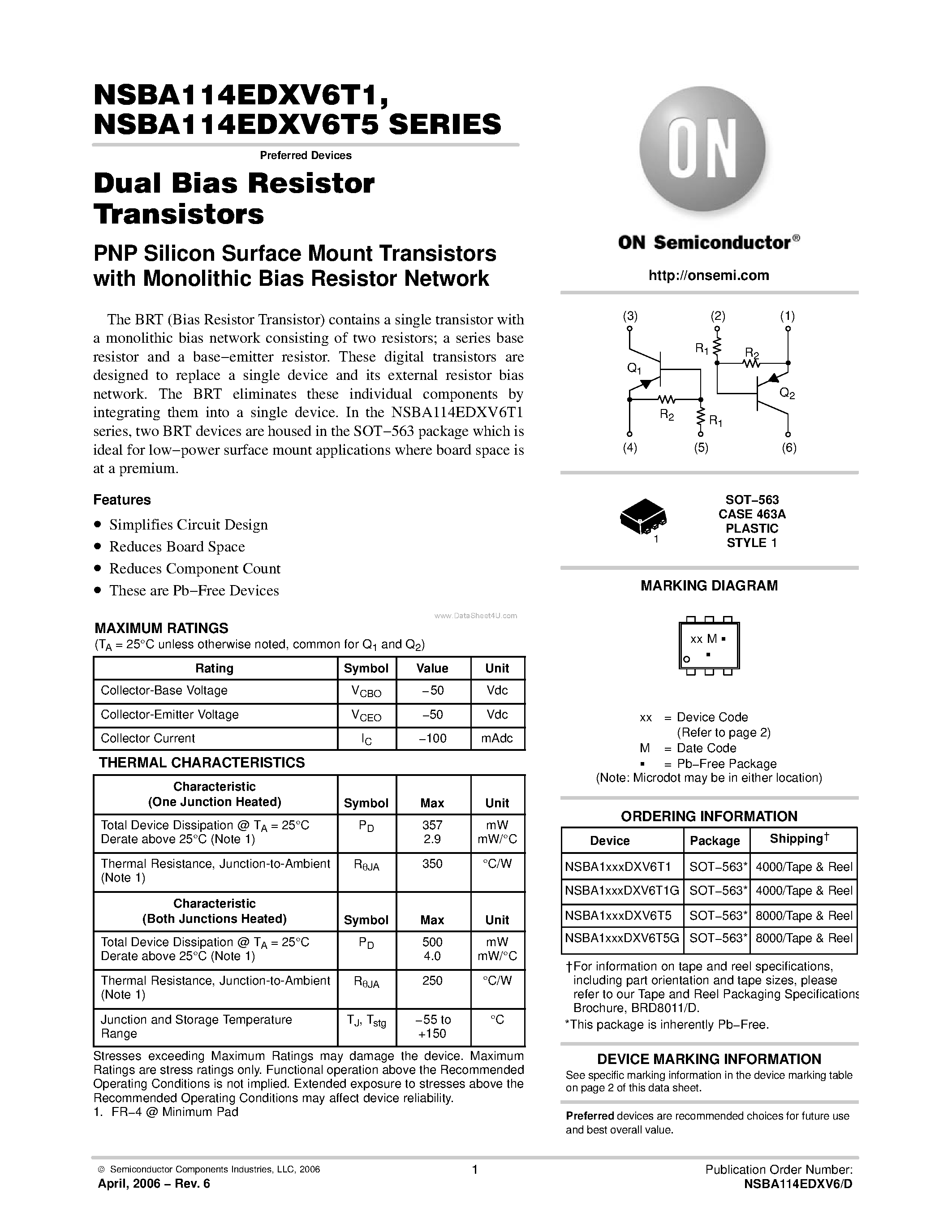 Datasheet NSBA113EDXV6T1 - (NSBA114EDXV6T5 Series) Dual Bias Resistor Transistors page 1