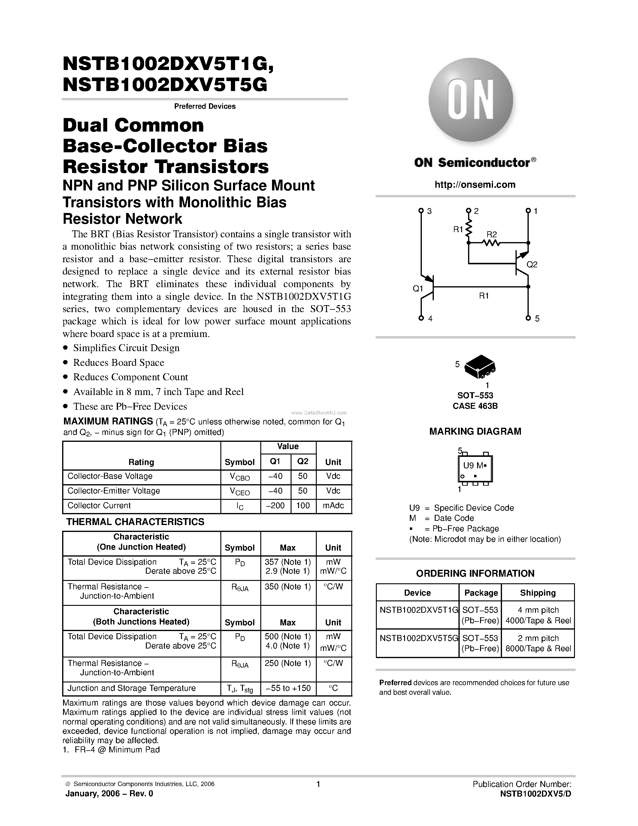 Datasheet NSTB1002DXV5T1G - (NSTB1002DXV5T1G / NSTB1002DXV5T5G) Dual Common Base-Collector Bias Resistor Transistors page 1