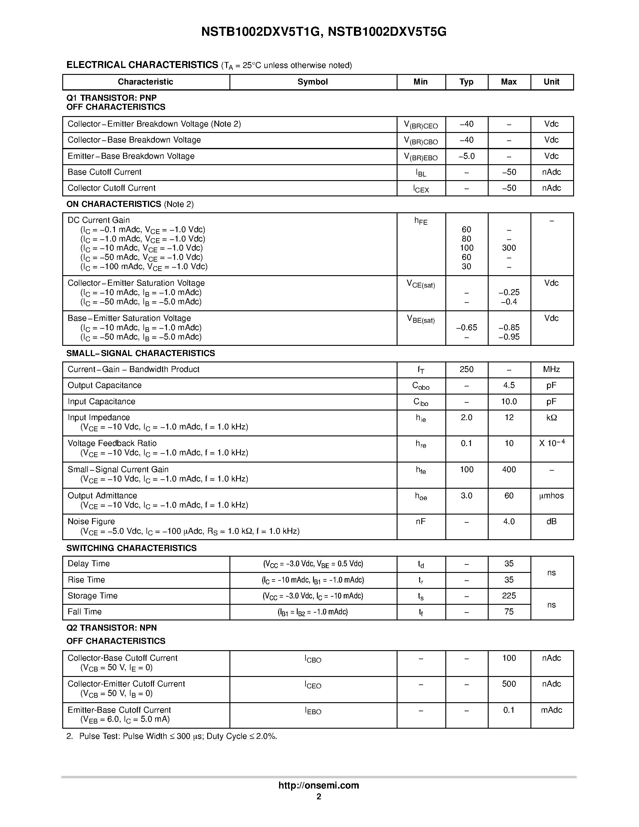Datasheet NSTB1002DXV5T1G - (NSTB1002DXV5T1G / NSTB1002DXV5T5G) Dual Common Base-Collector Bias Resistor Transistors page 2
