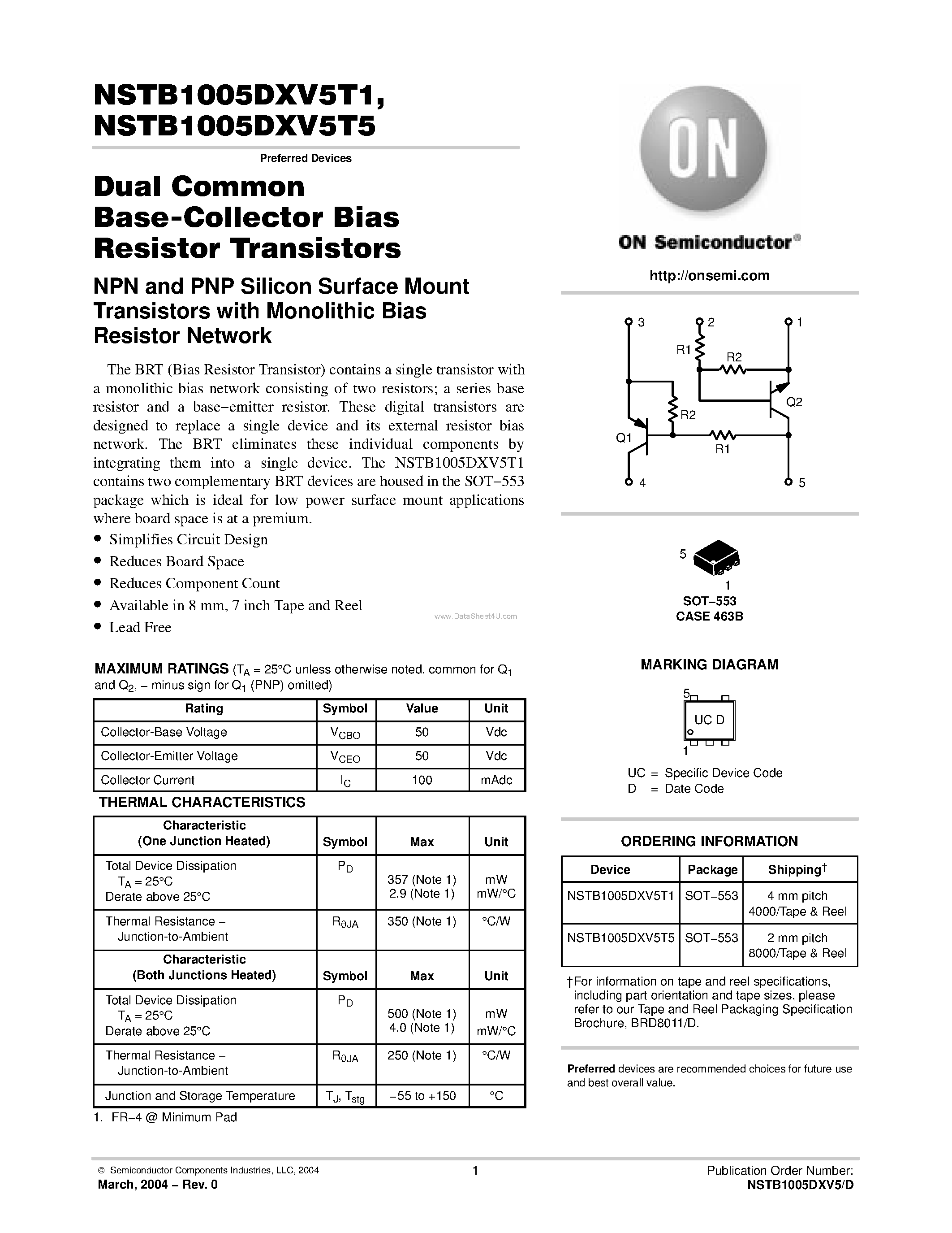 Datasheet NSTB1005DXV5T1 - (NSTB1005DXV5T1 / NSTB1005DXV5T5) Dual Common Base-Collector Bias Resistor Transistors page 1