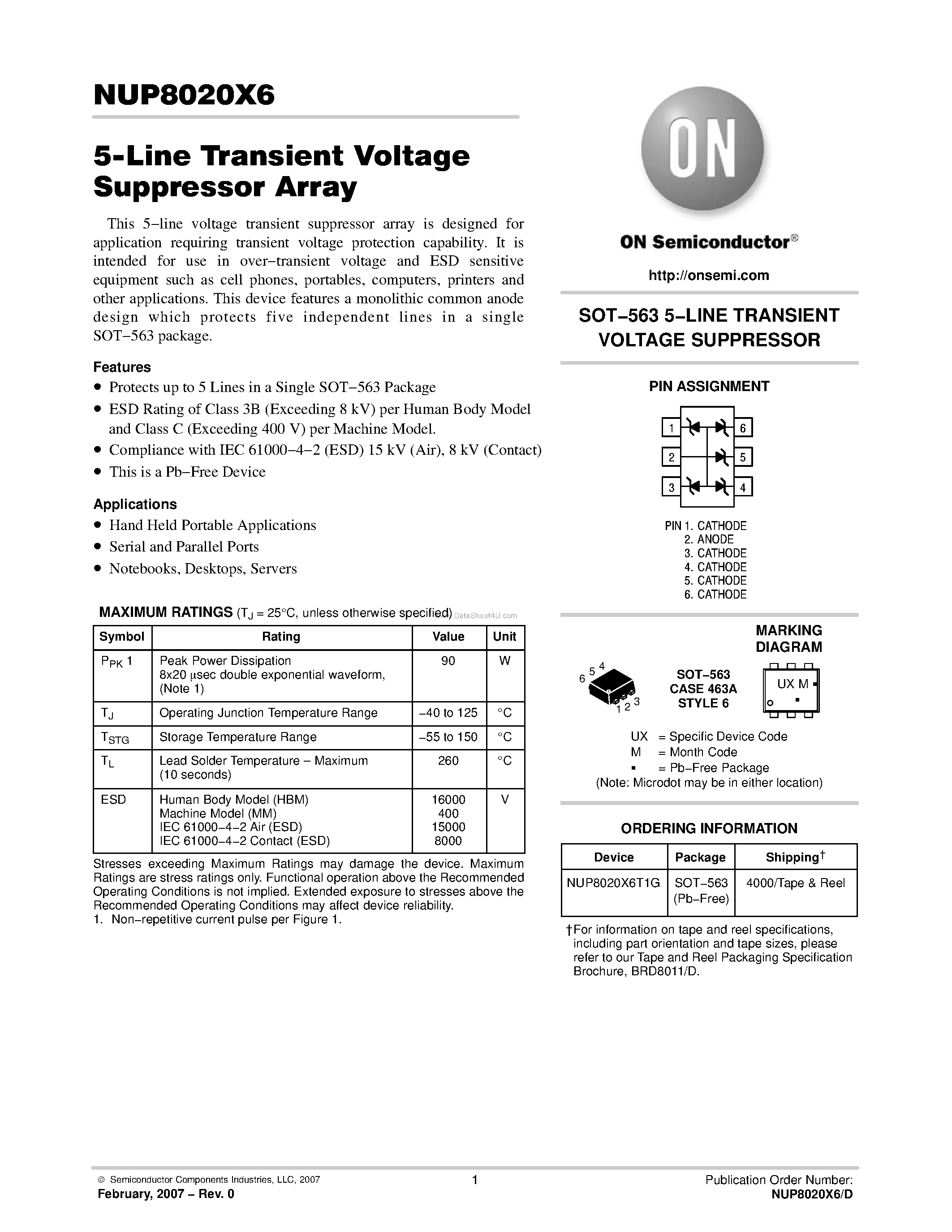 Datasheet NUP8020X6 - 5-Line Transient Voltage Suppressor Array page 1