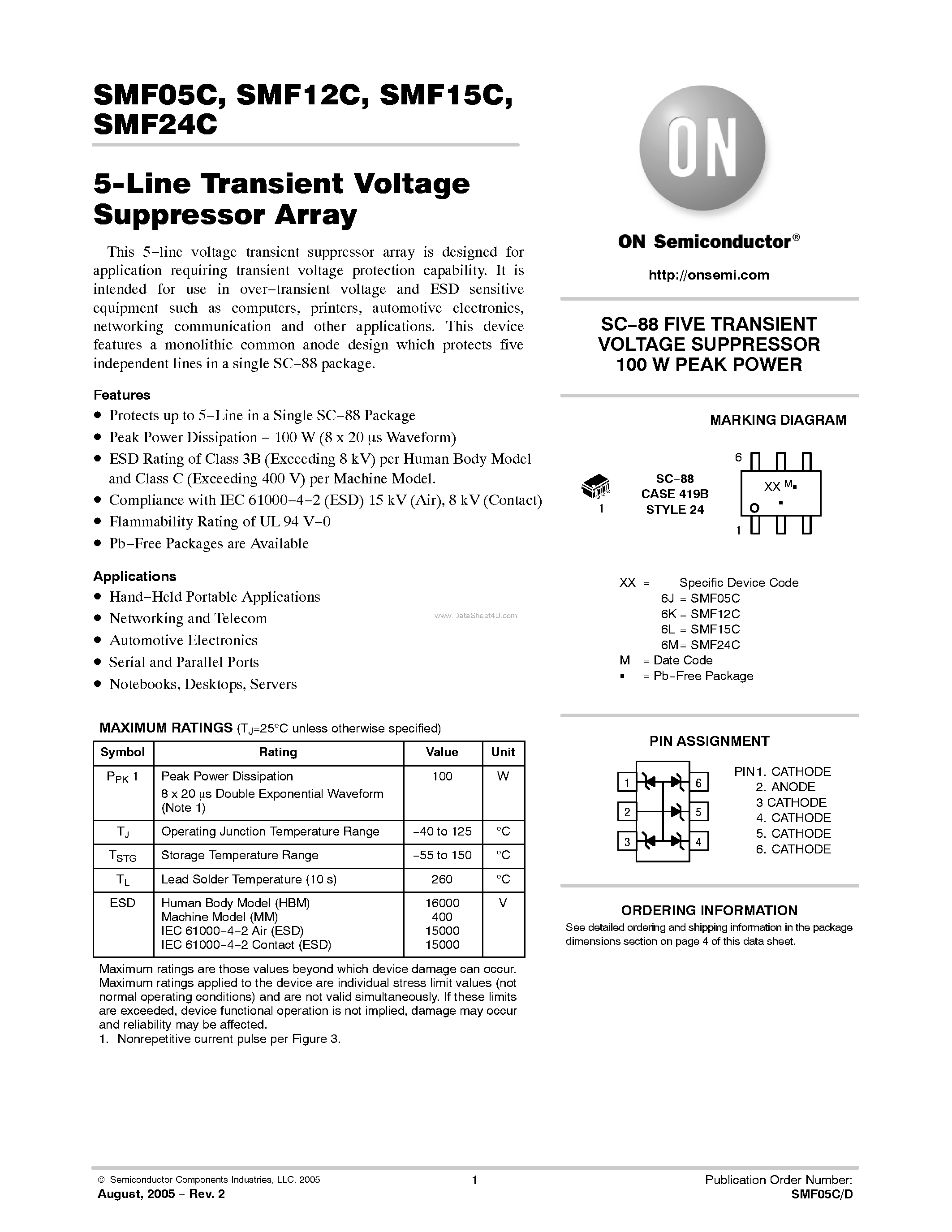 Datasheet SMF05C page 1 Datasheet SMF05C - (SMFxxC) 5-Line Transient Voltage Suppressor Array page 1