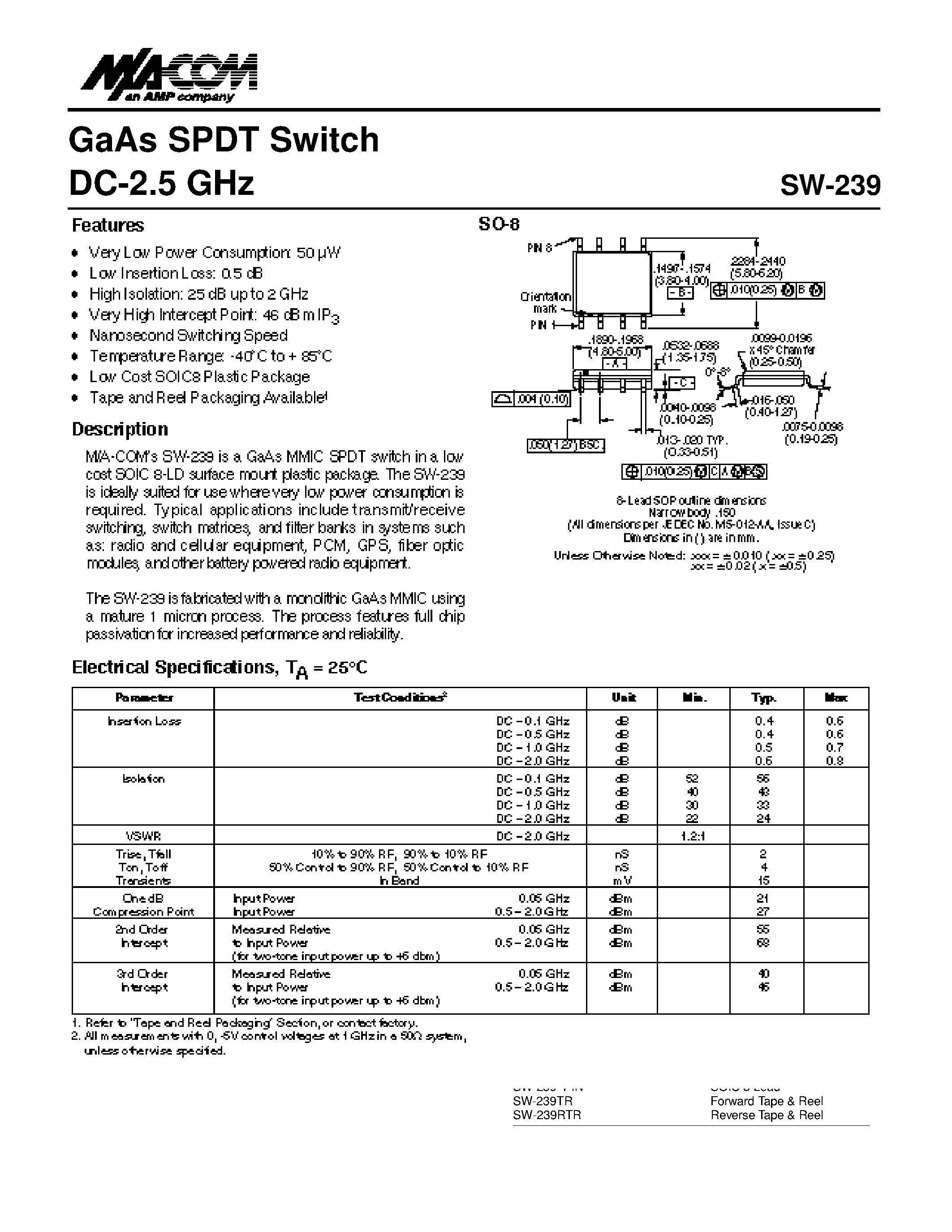 Datasheet SW-239 page 1 Datasheet SW-239 - GaAs SPDT Switch page 1