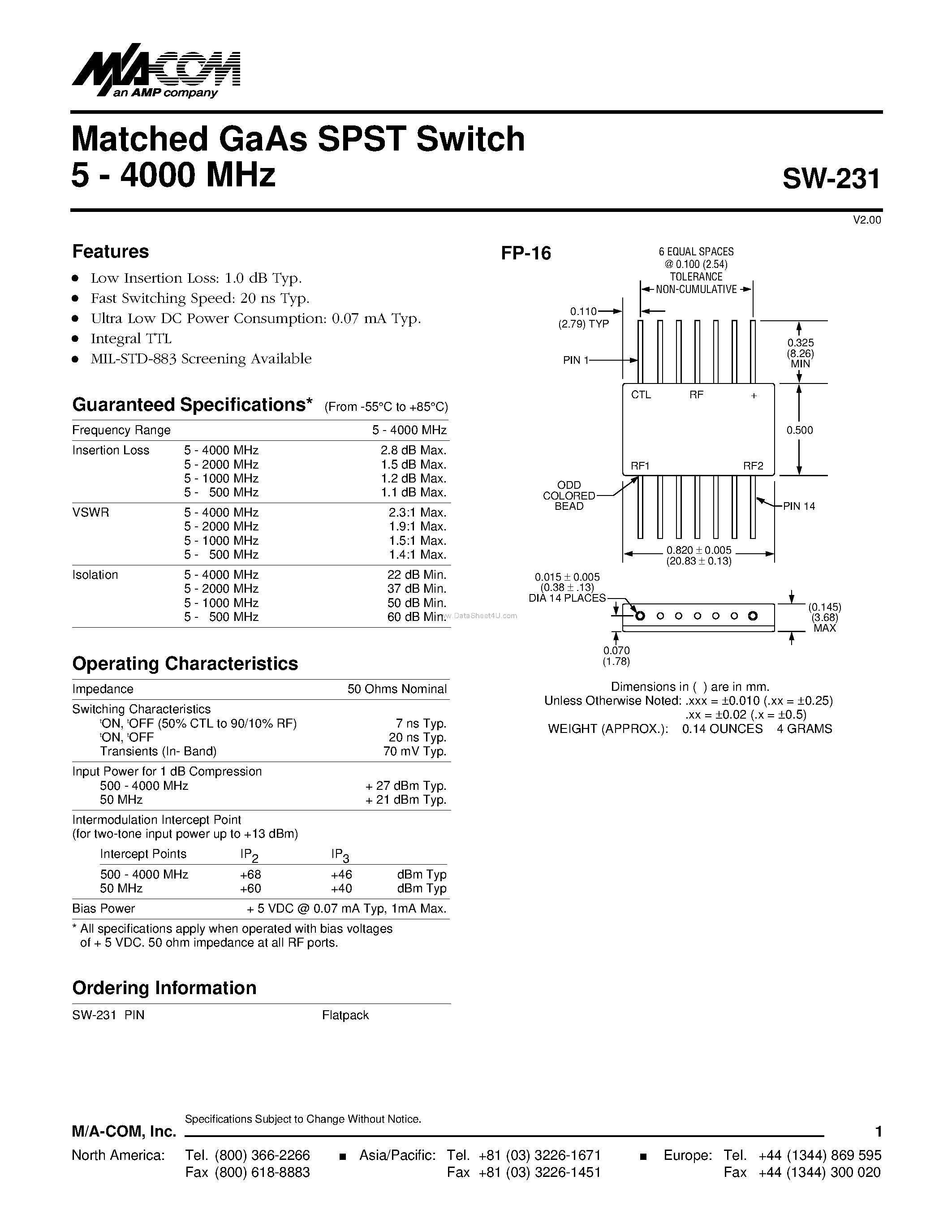 Datasheet SW-231 page 1 Datasheet SW-231 - GaAs SPDT Switch page 1