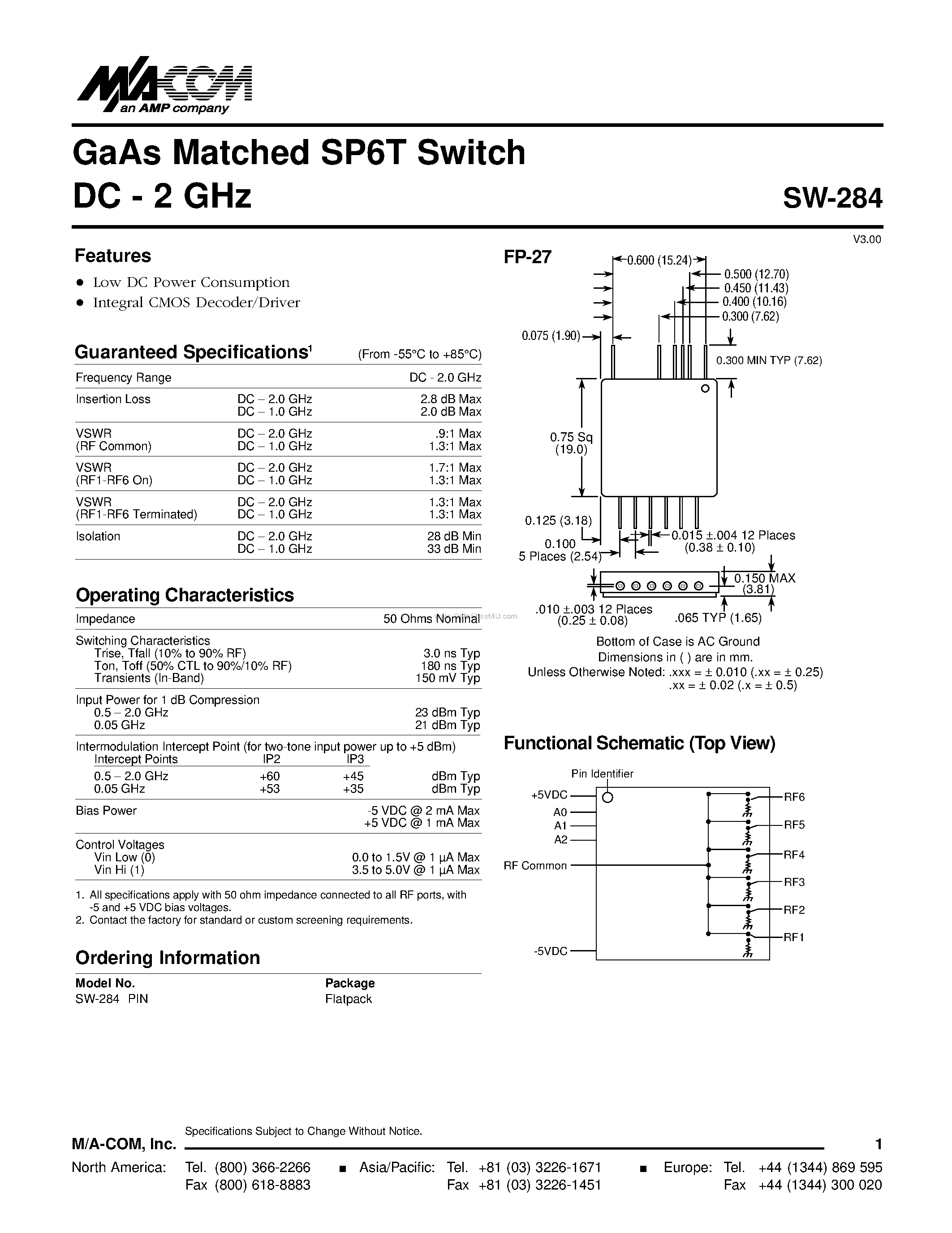 Datasheet SW-284 page 1 Datasheet SW-284 - GaAs Matched SP6T Switch page 1