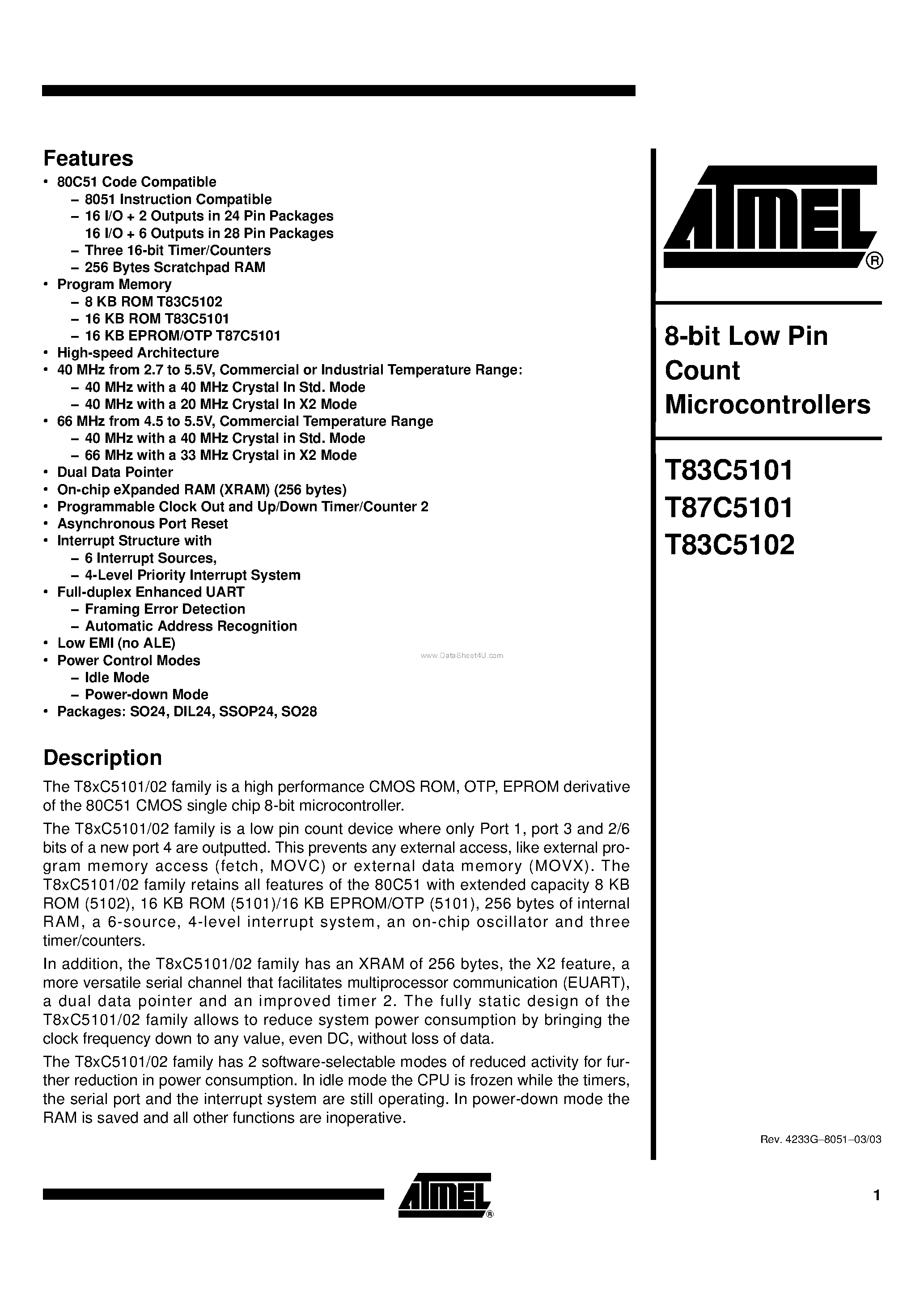 Datasheet T83C5101 - (T83C5101x) 8-bit Low Pin Count Microcontrollers page 1