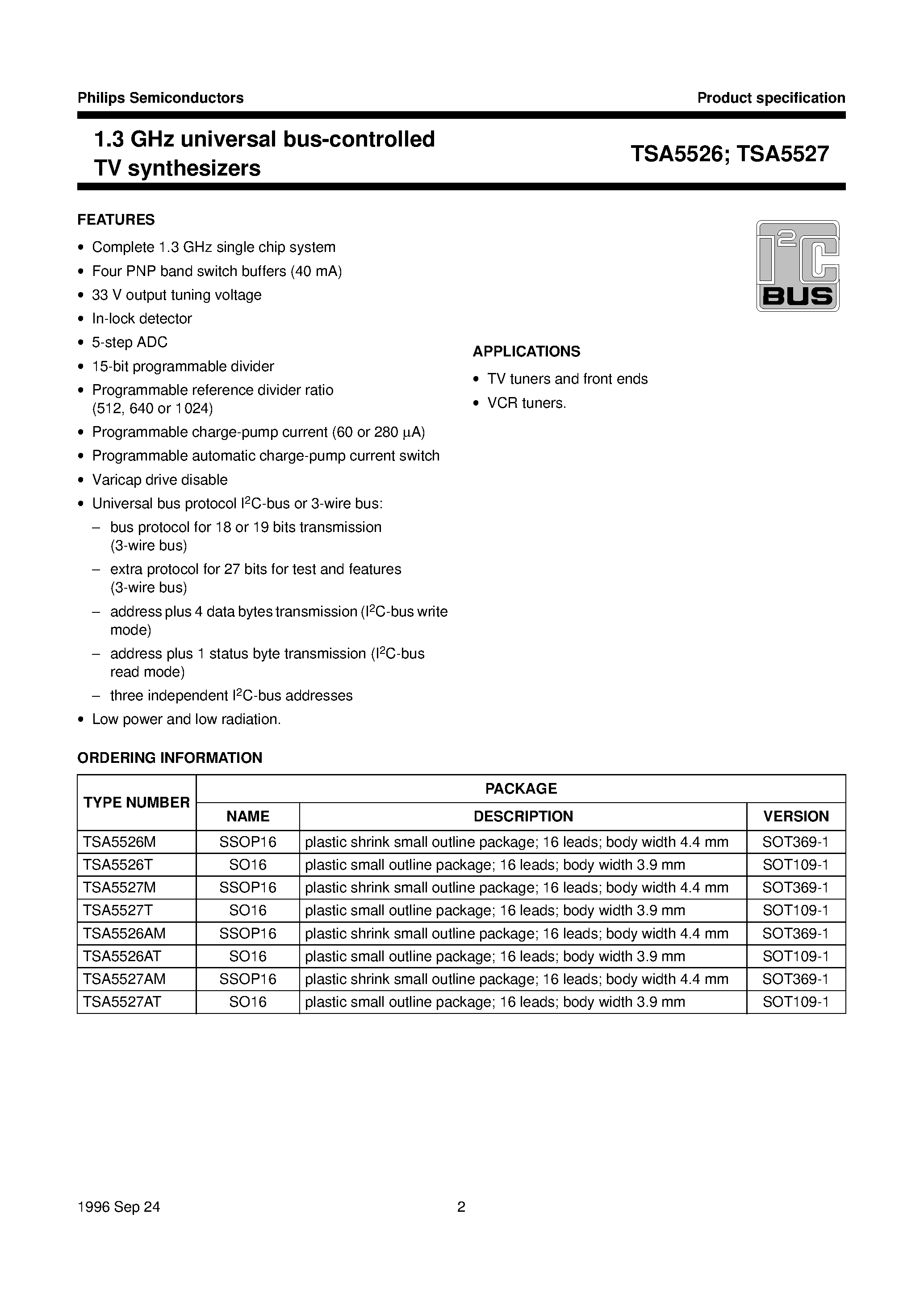 Datasheet TSA5526 page 2 Datasheet TSA5526 - (TSA5526 / TSA5527) 1.3 GHz universal bus-controlled TV synthesizers page 2