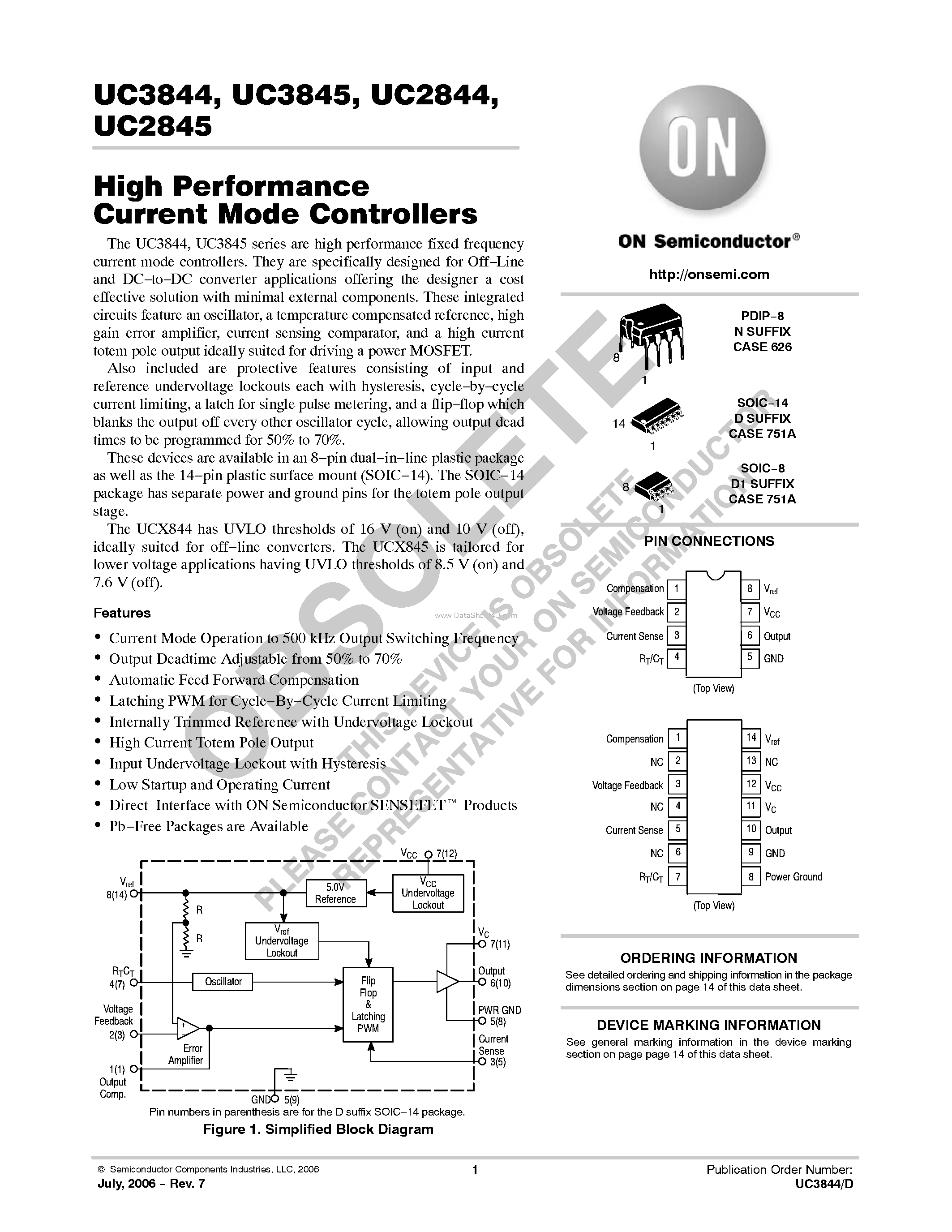 Даташит на микросхему UC3844 страница 1 Даташит UC3844 - (UC3844 / UC3845) High Performance Current Mode Controllers страница 1