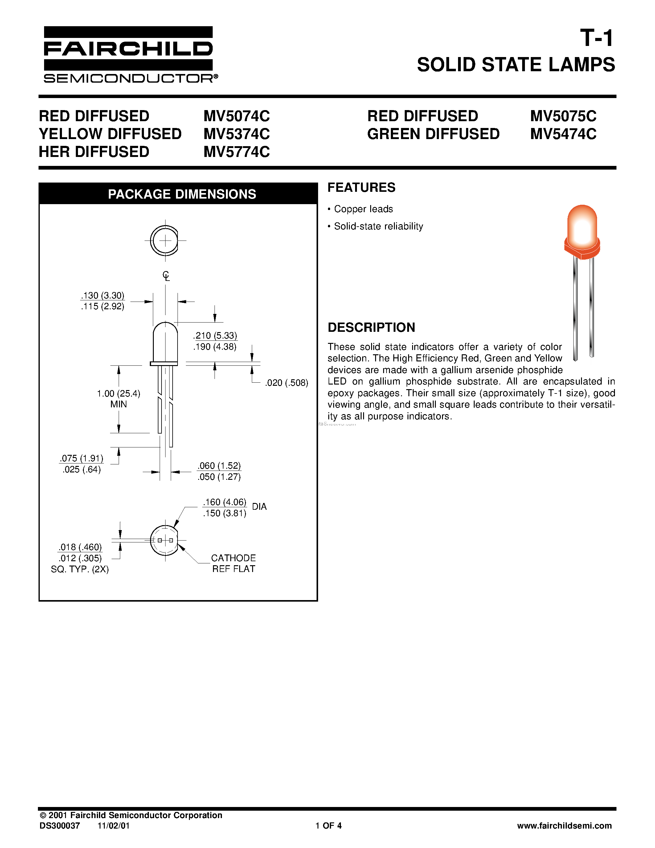 Даташит на микросхему MV5074C страница 1 Даташит MV5074C - (MV5x74C) T-1 SOLID STATE LAMPS страница 1
