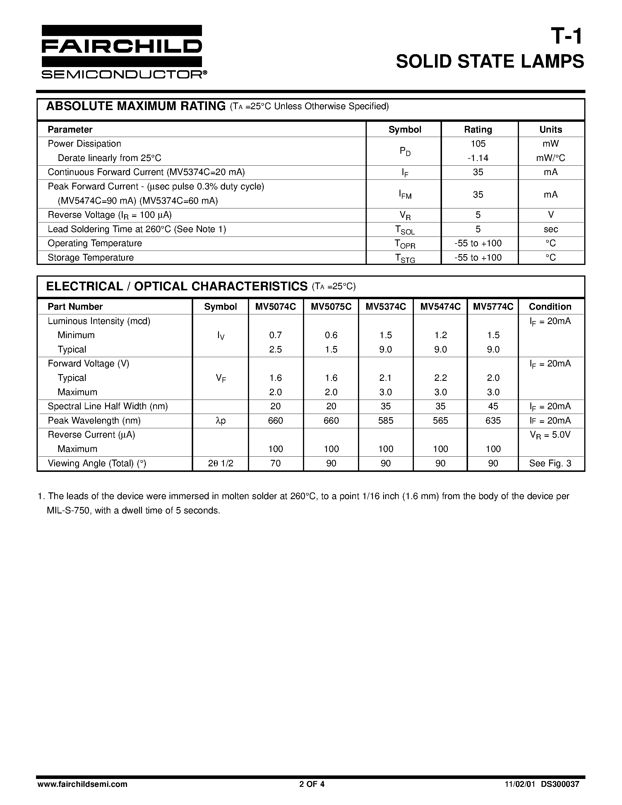 Даташит на микросхему MV5074C страница 2 Даташит MV5074C - (MV5x74C) T-1 SOLID STATE LAMPS страница 2