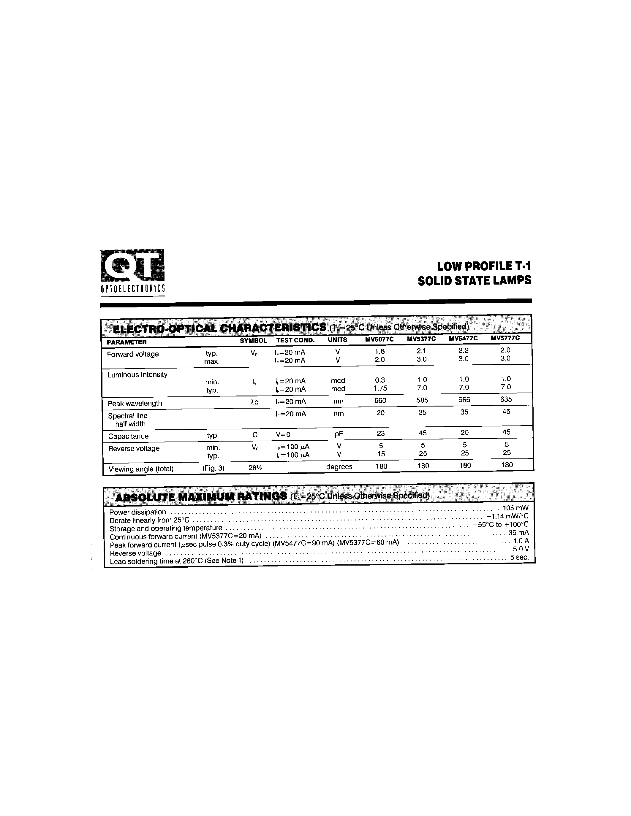 Datasheet MV5077C - (MV5x77C) LOW PROFILE T-1 SOLID STATE LAMPS page 2