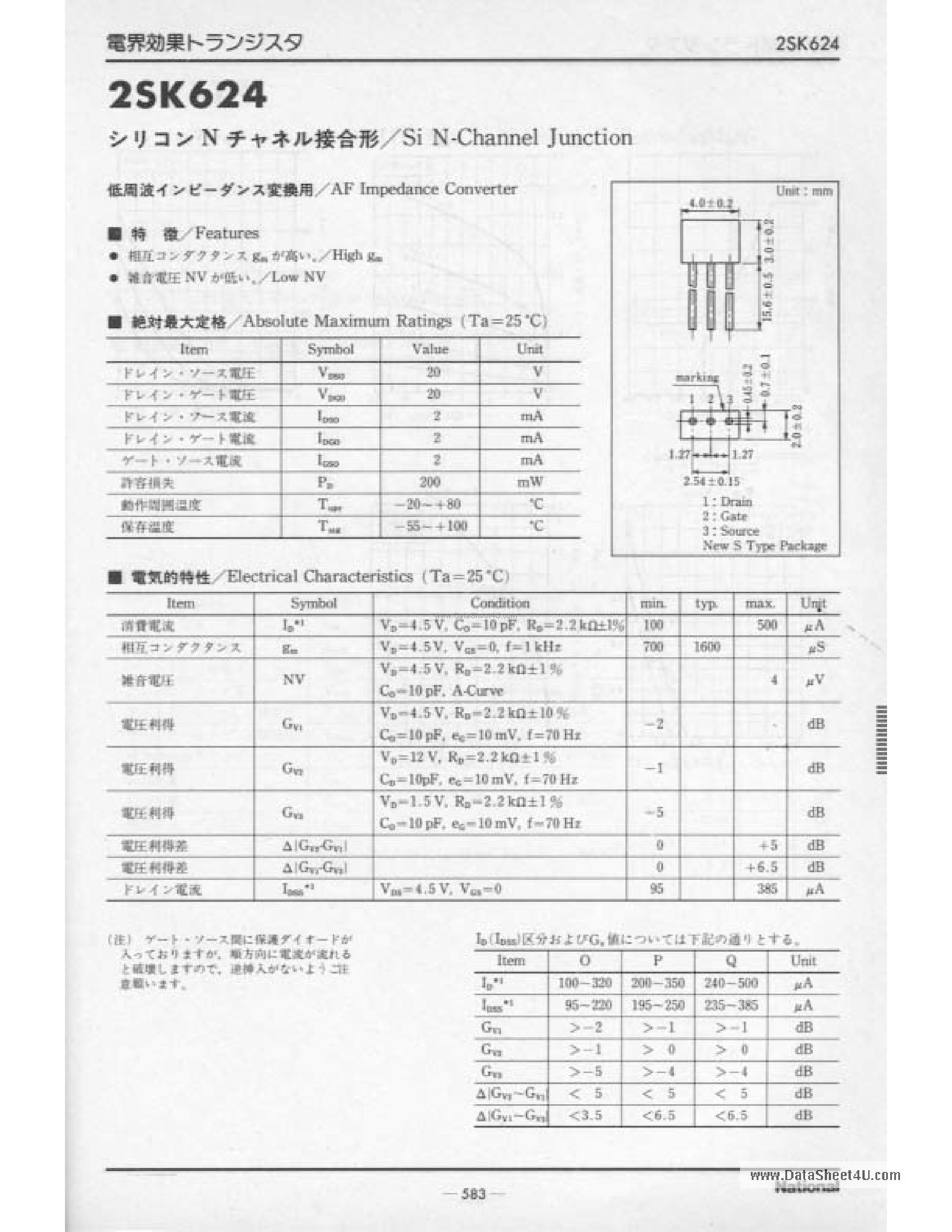Datasheet 2SK624 - Si N-Channel Junction page 1