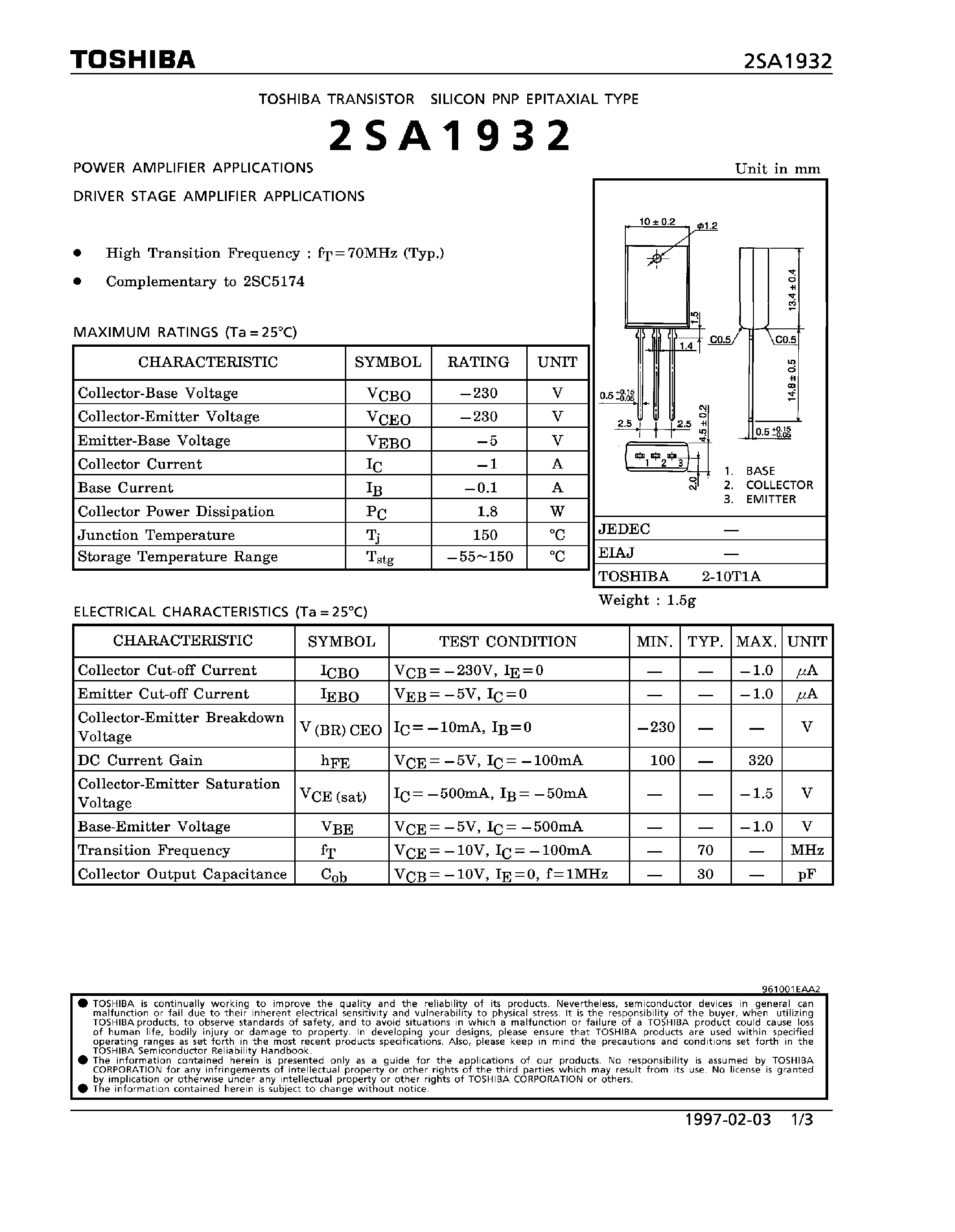 Datasheet 2SA1932 - TRANSISTOR SILICON PNP EPITAXIAL TYPE page 1