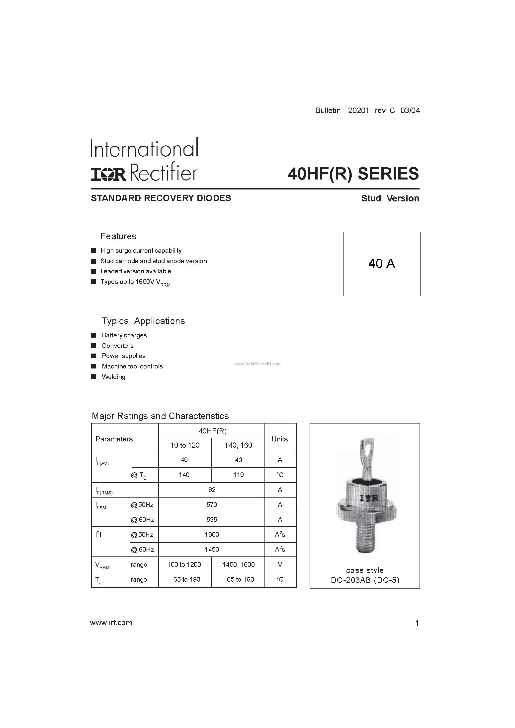 Даташит на микросхему 40HF страница 1 Даташит 40HF - STANDARD RECOVERY DIODES страница 1
