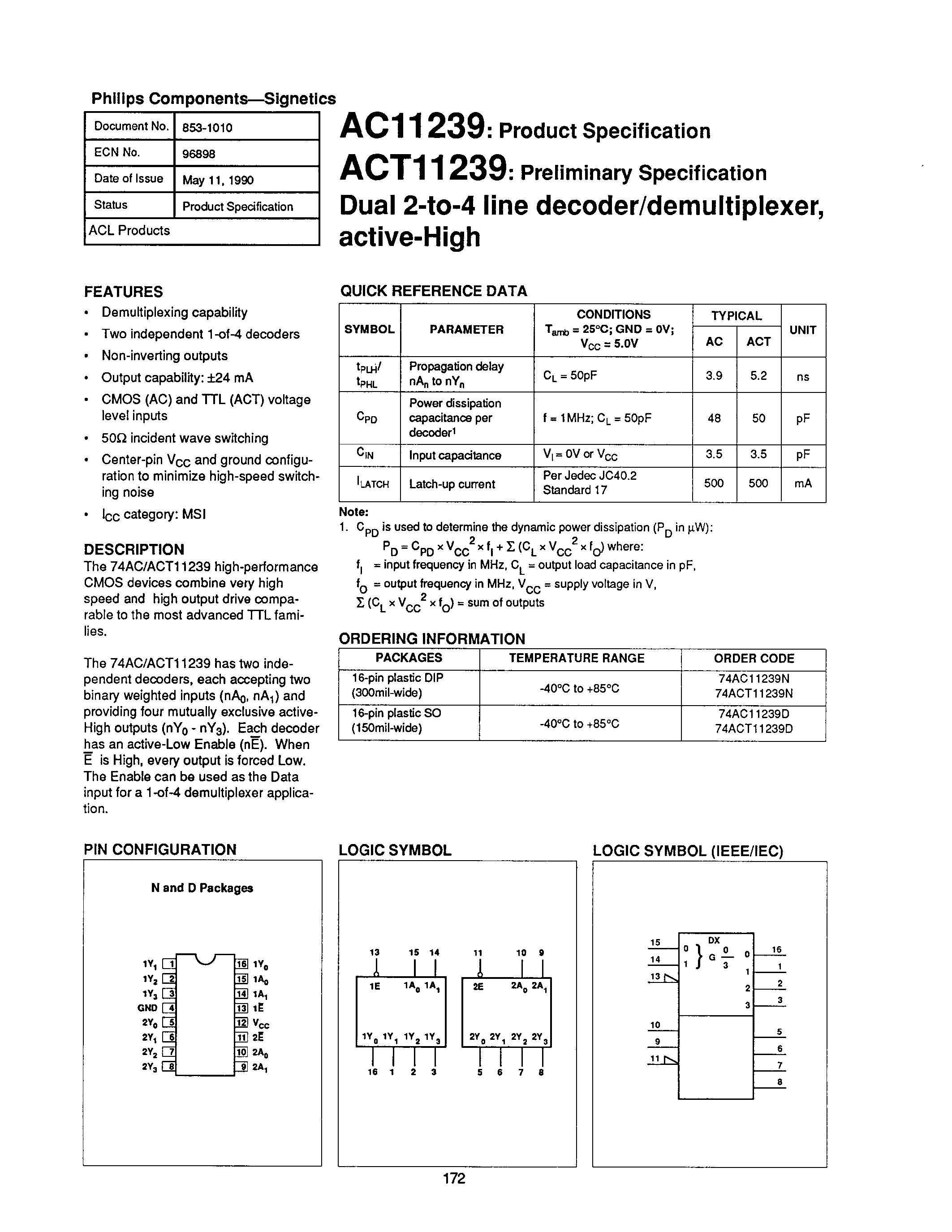 Datasheet 74AC11239 - DUAL 2 TO 4 LINE DECODER/DEMULTIPLEXER page 1