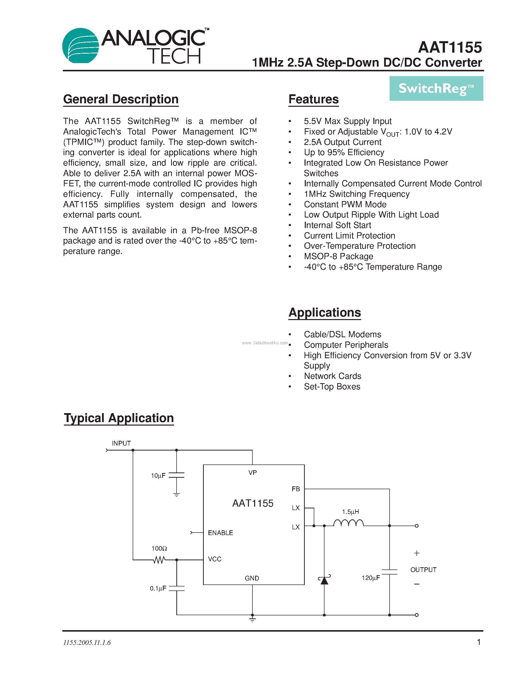 Даташит на микросхему AAT1155 страница 1 Даташит AAT1155 - Step-Down DC-DC Converter страница 1