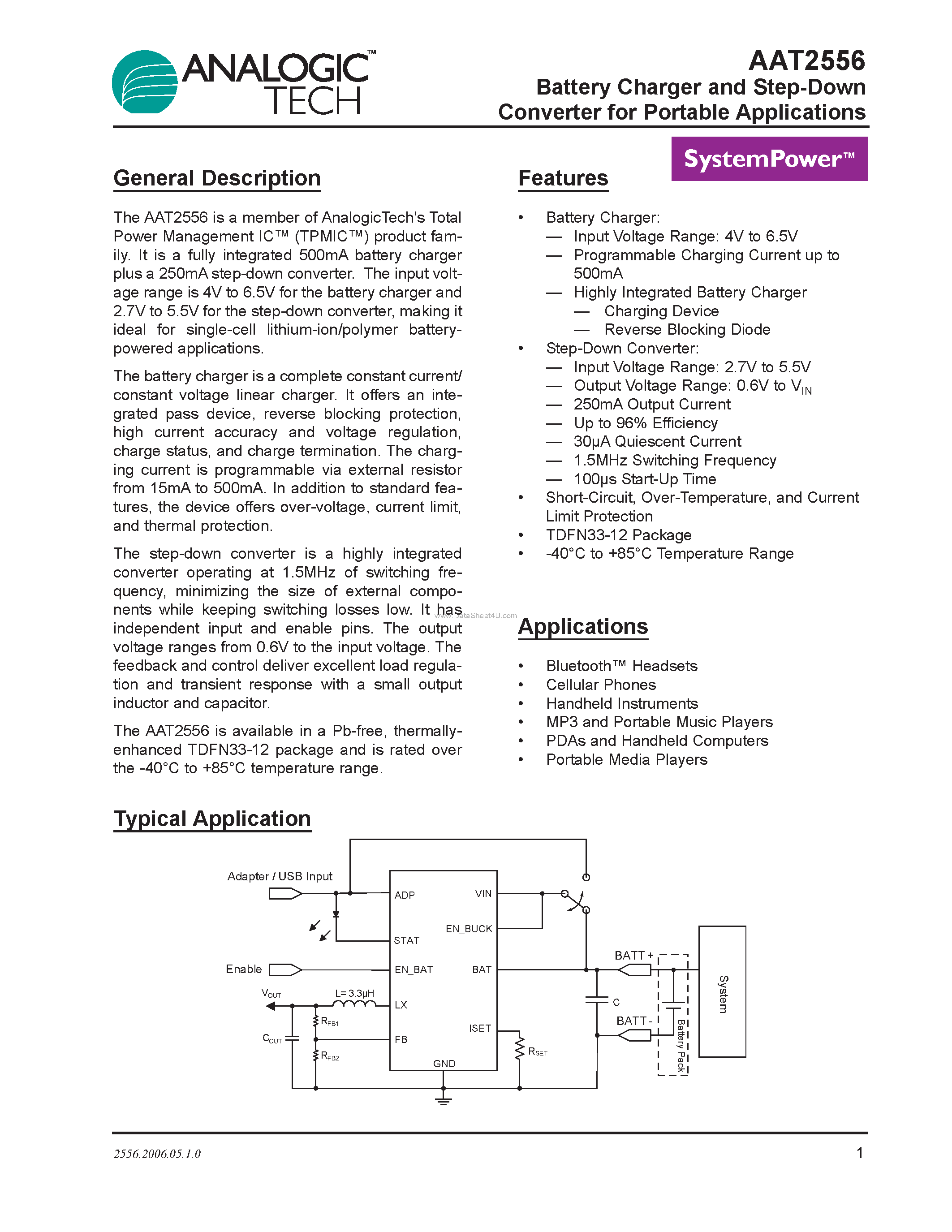 Datasheet AAT2556 - Battery Charger and Step-Down Converter page 1
