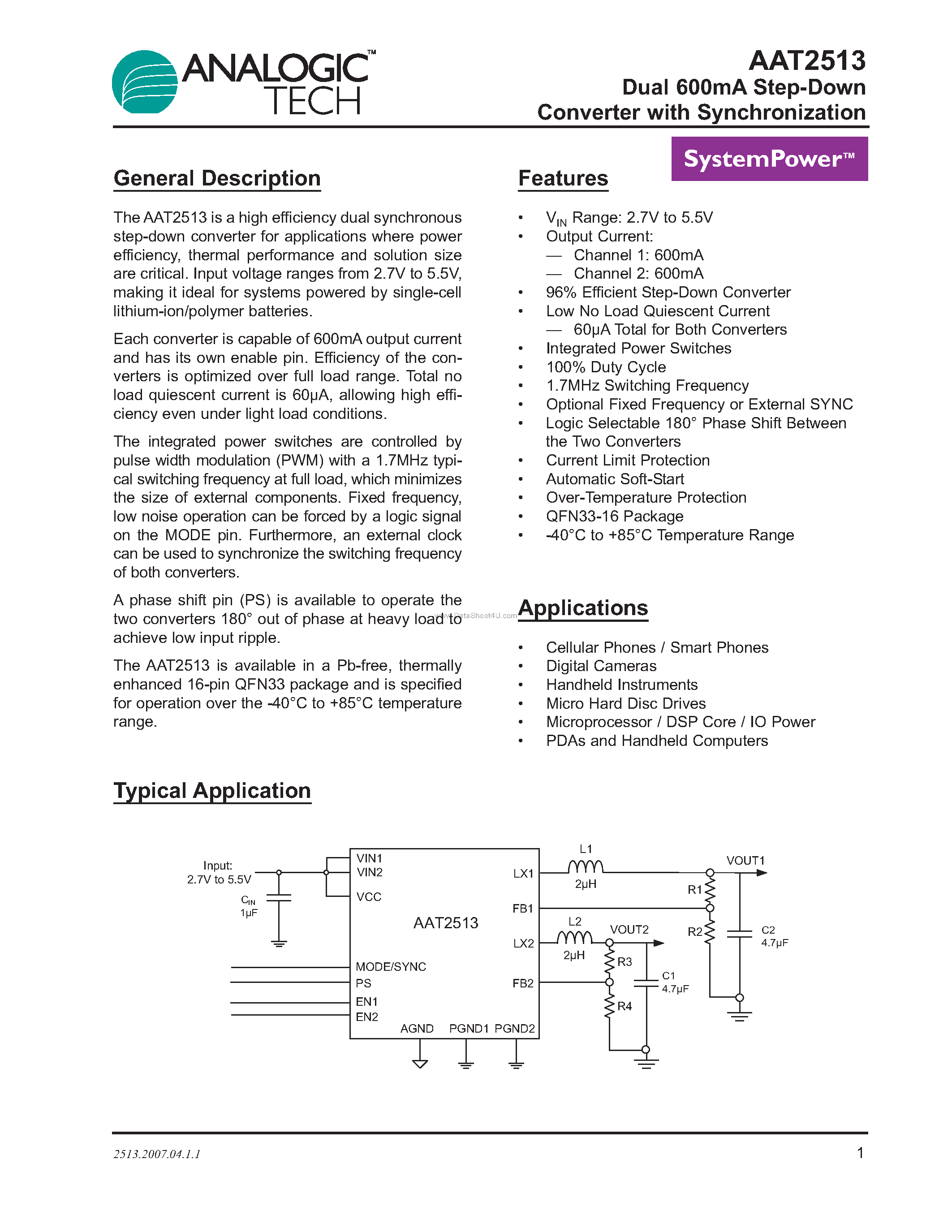 Даташит на микросхему AAT2513 страница 1 Даташит AAT2513 - Dual 600mA Step-Down Converter страница 1