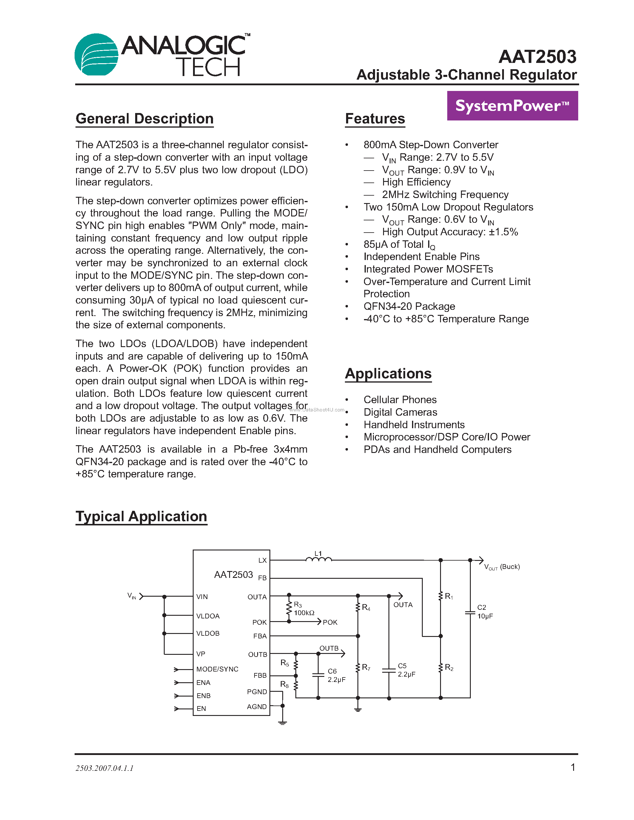 Datasheet AAT2503 - Adjustable 3-Channel Regulator page 1