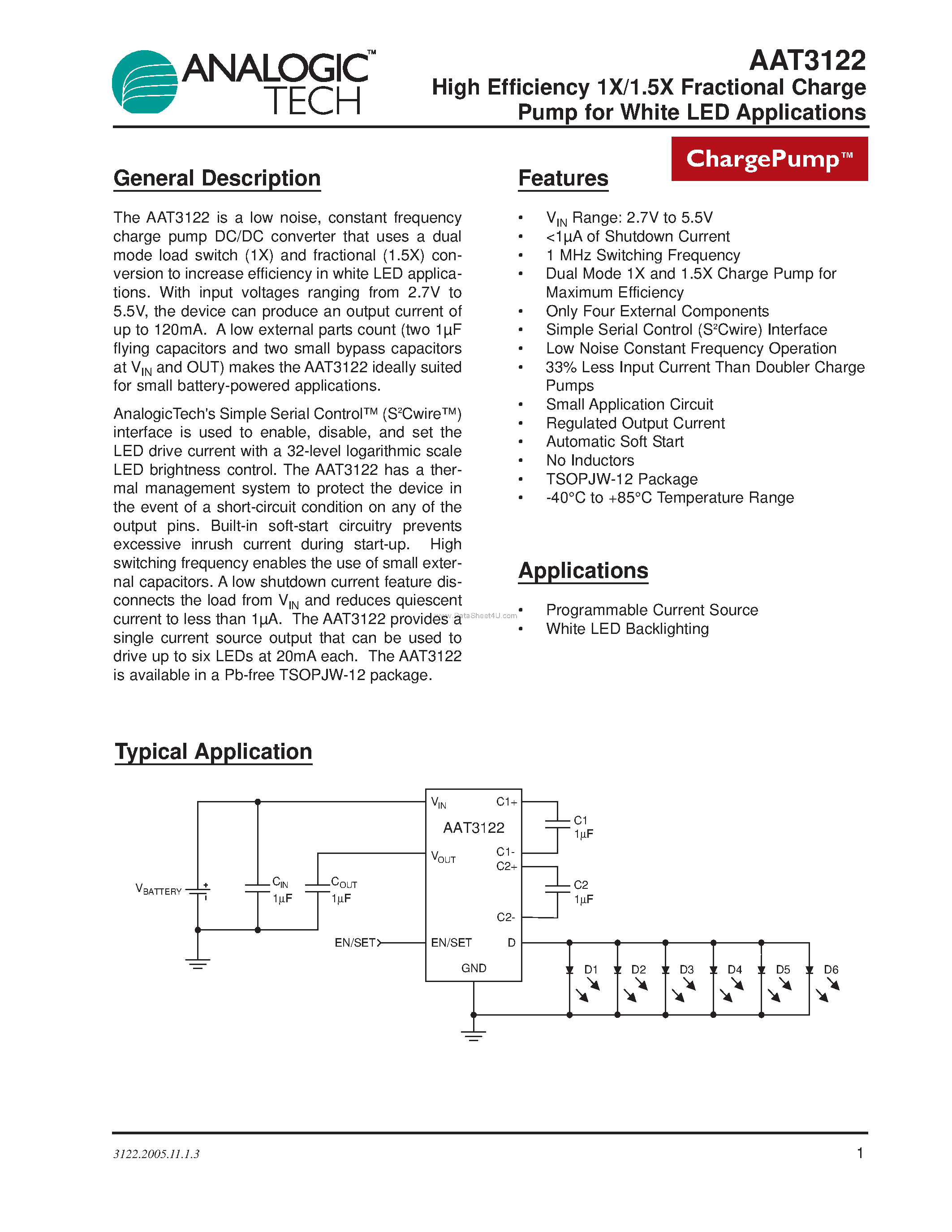 Даташит AAT3122 - High Efficiency 1X/1.5X Fractional Charge Pump страница 1