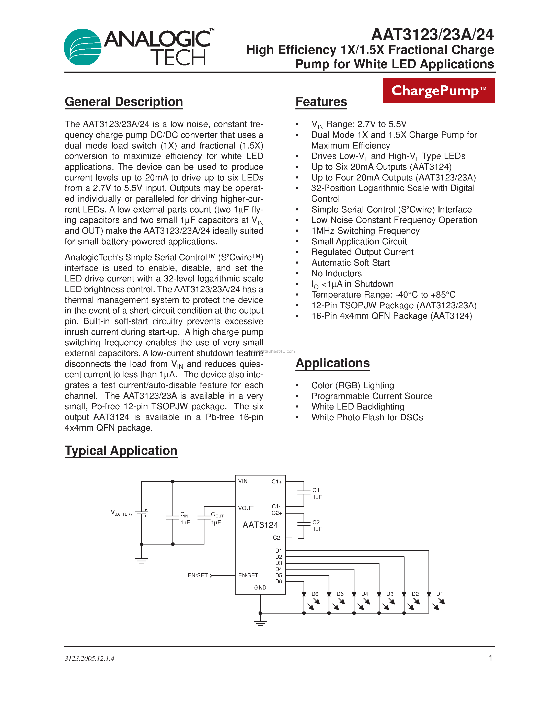 Даташит AAT3123A - High Efficiency 1X/1.5X Fractional Charge Pump страница 1