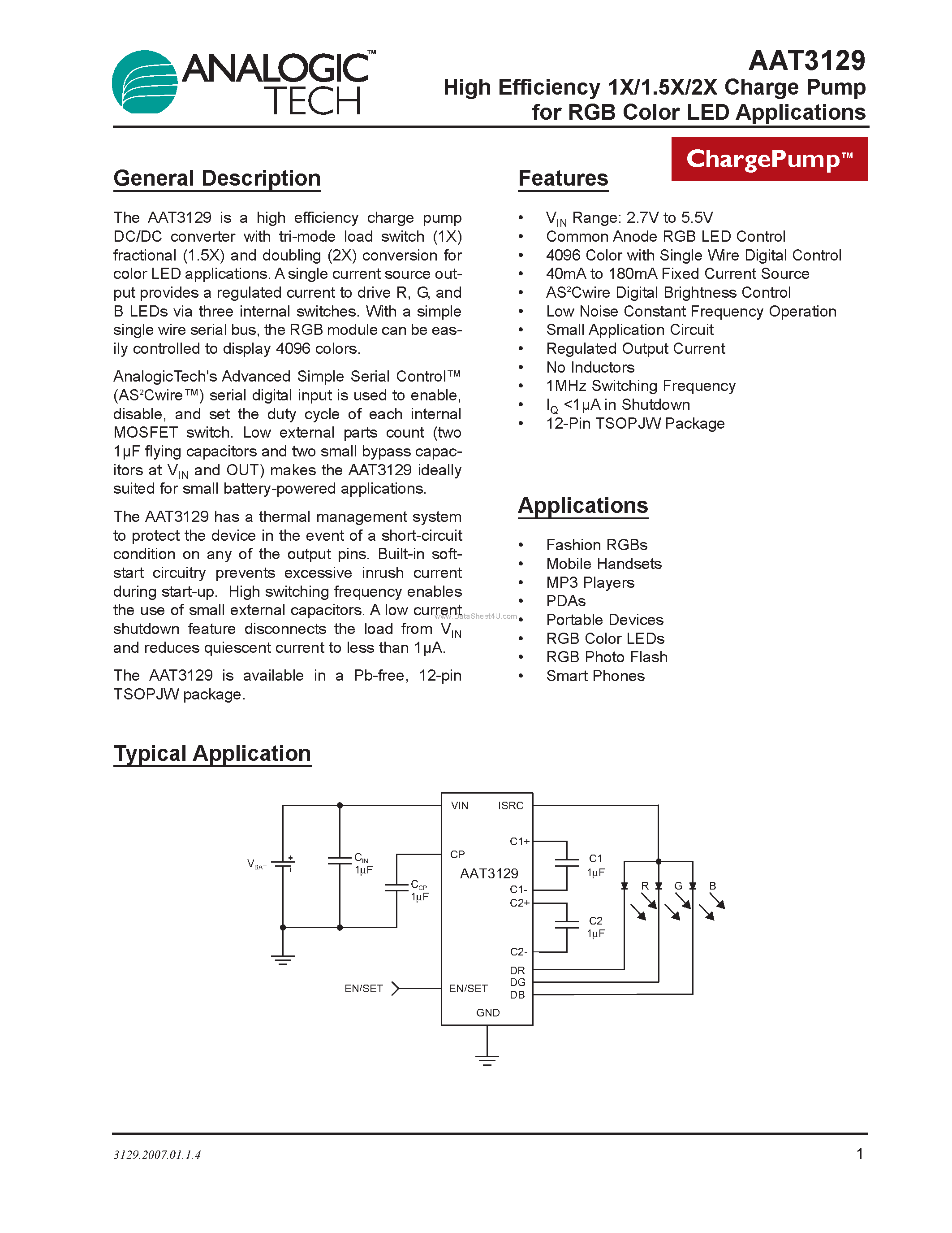 Datasheet AAT3129 - High Efficiency 1X/1.5X/2X Charge Pump page 1
