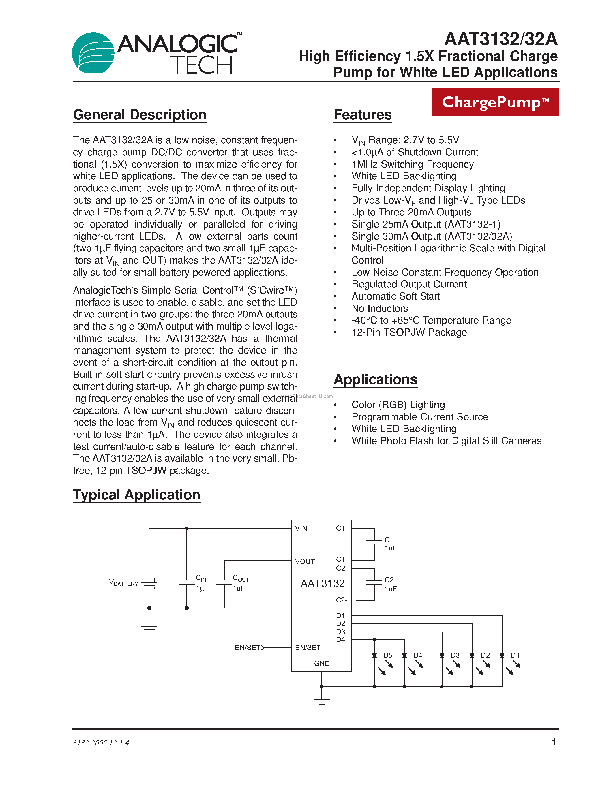Даташит AAT3132 - High Efficiency 1.5X Fractional Charge Pump страница 1