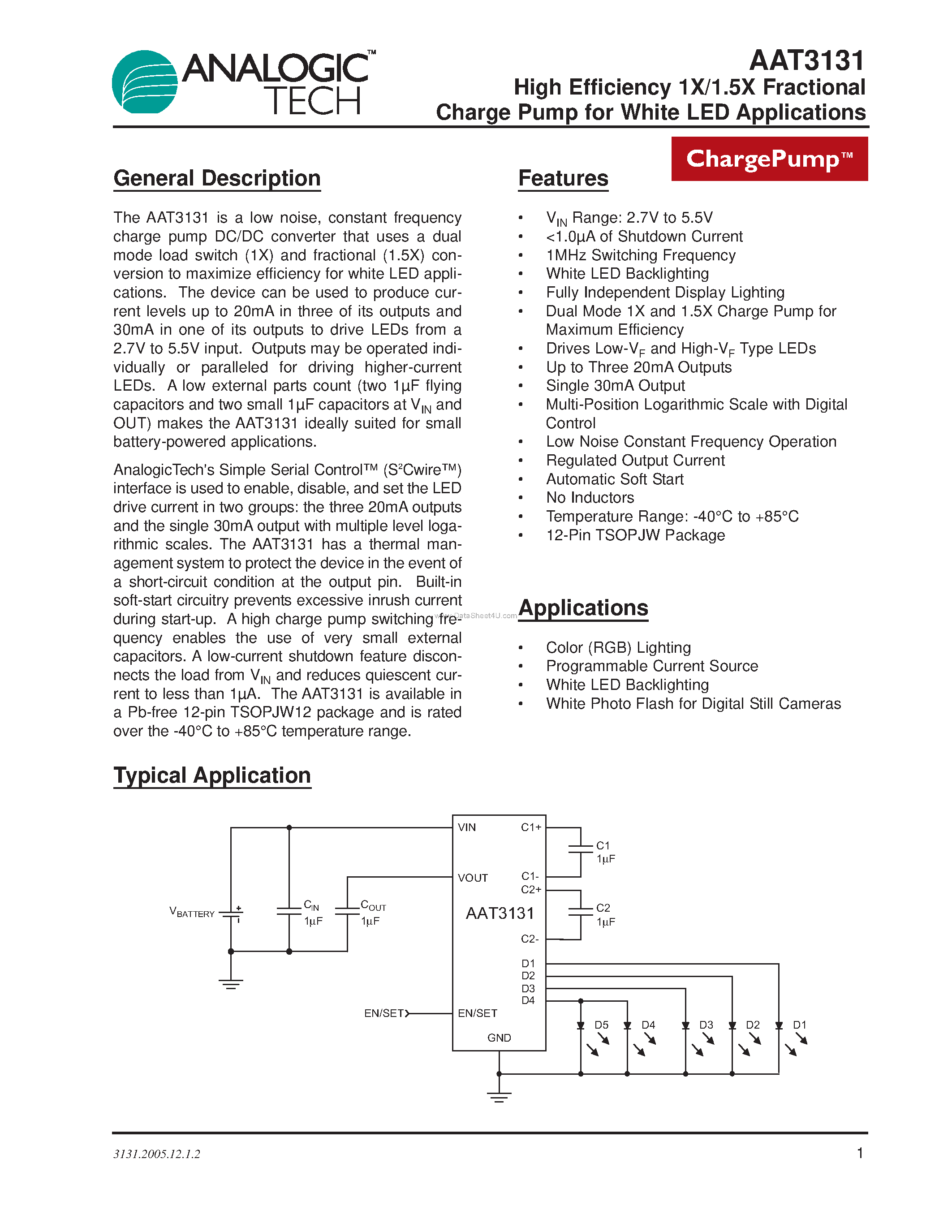 Даташит AAT3131 - High Efficiency 1X/1.5X Fractional Charge Pump страница 1