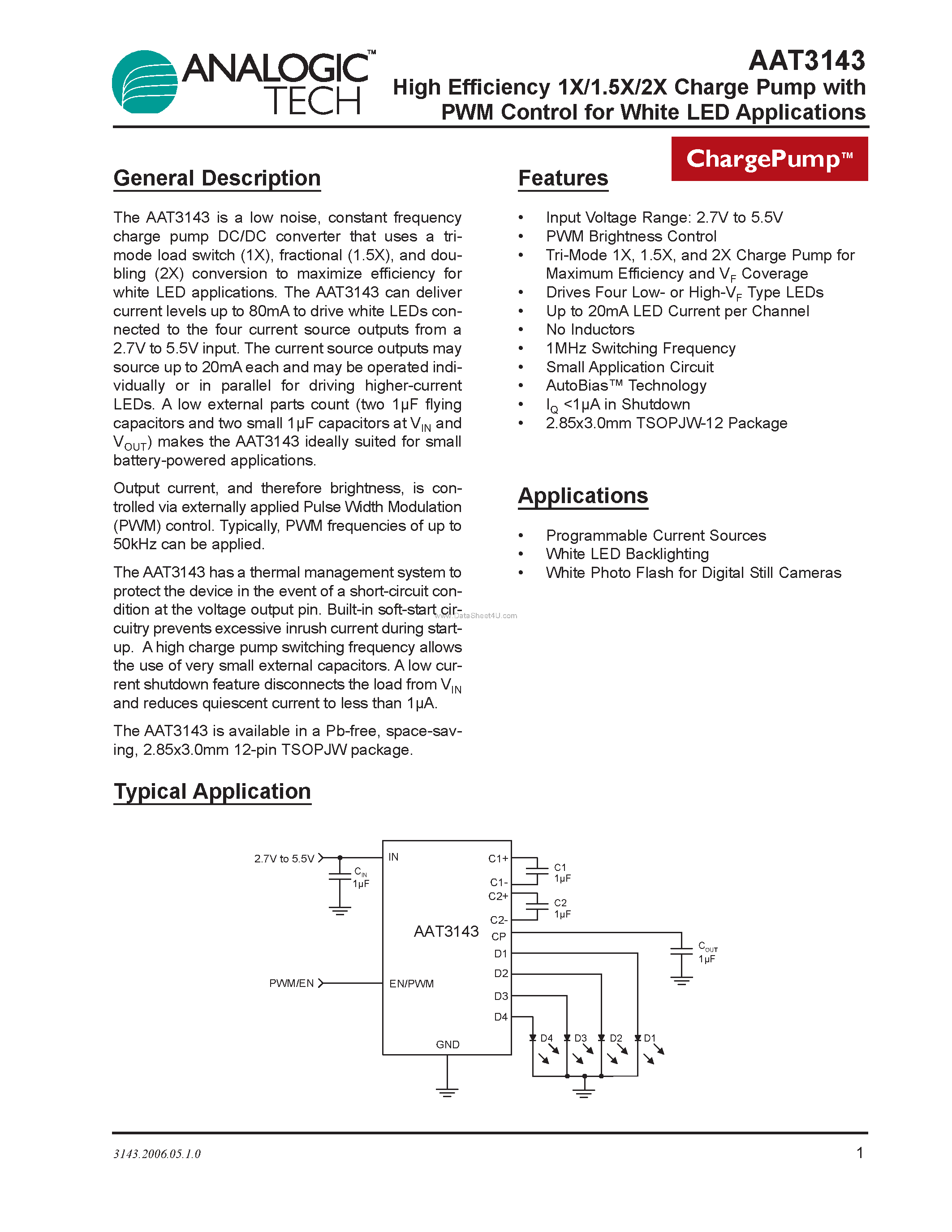 Datasheet AAT3143 page 1 Datasheet AAT3143 - High Efficiency 1X/1.5X/2X Charge Pump page 1