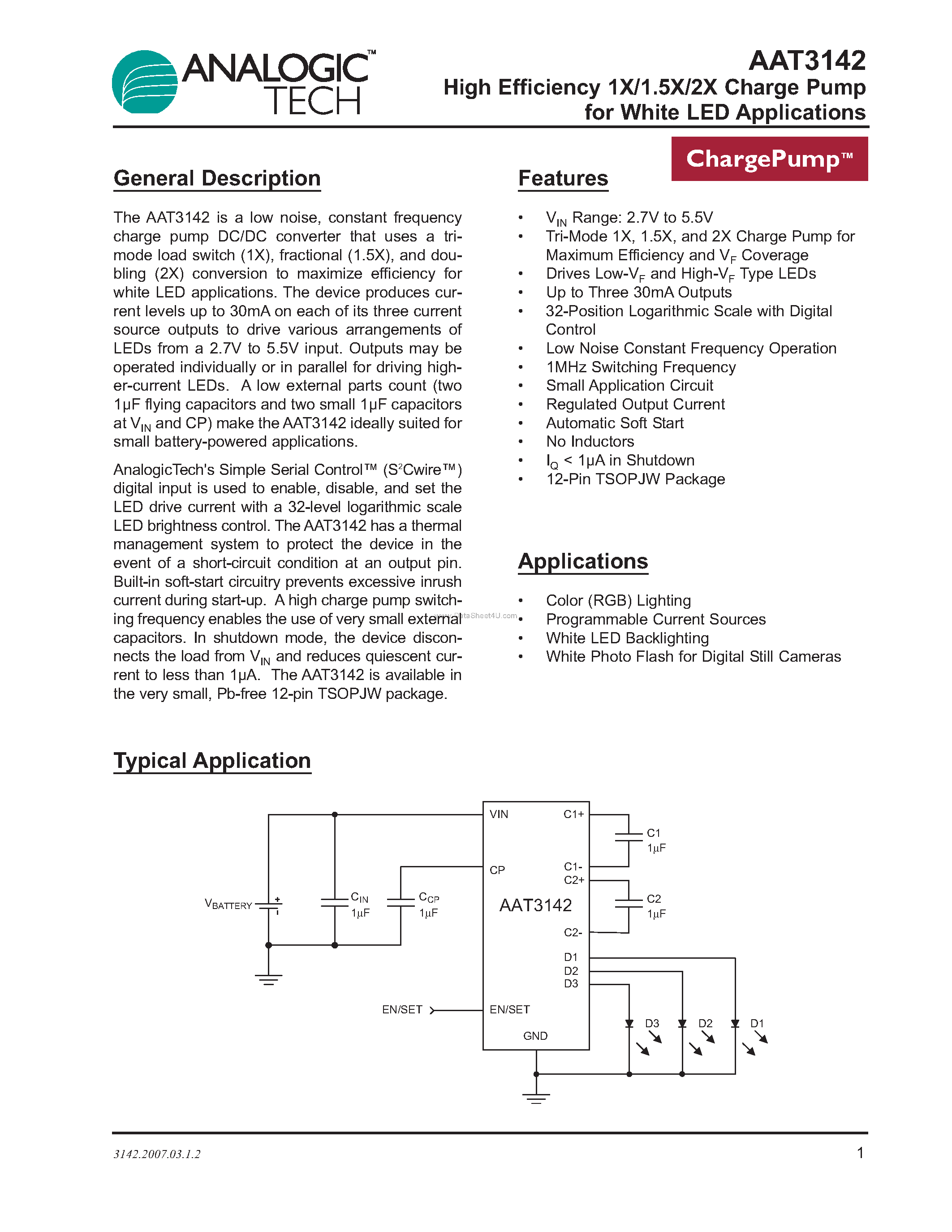 Даташит на микросхему AAT3142 страница 1 Даташит AAT3142 - High Efficiency 1X/1.5X/2X Charge Pump страница 1