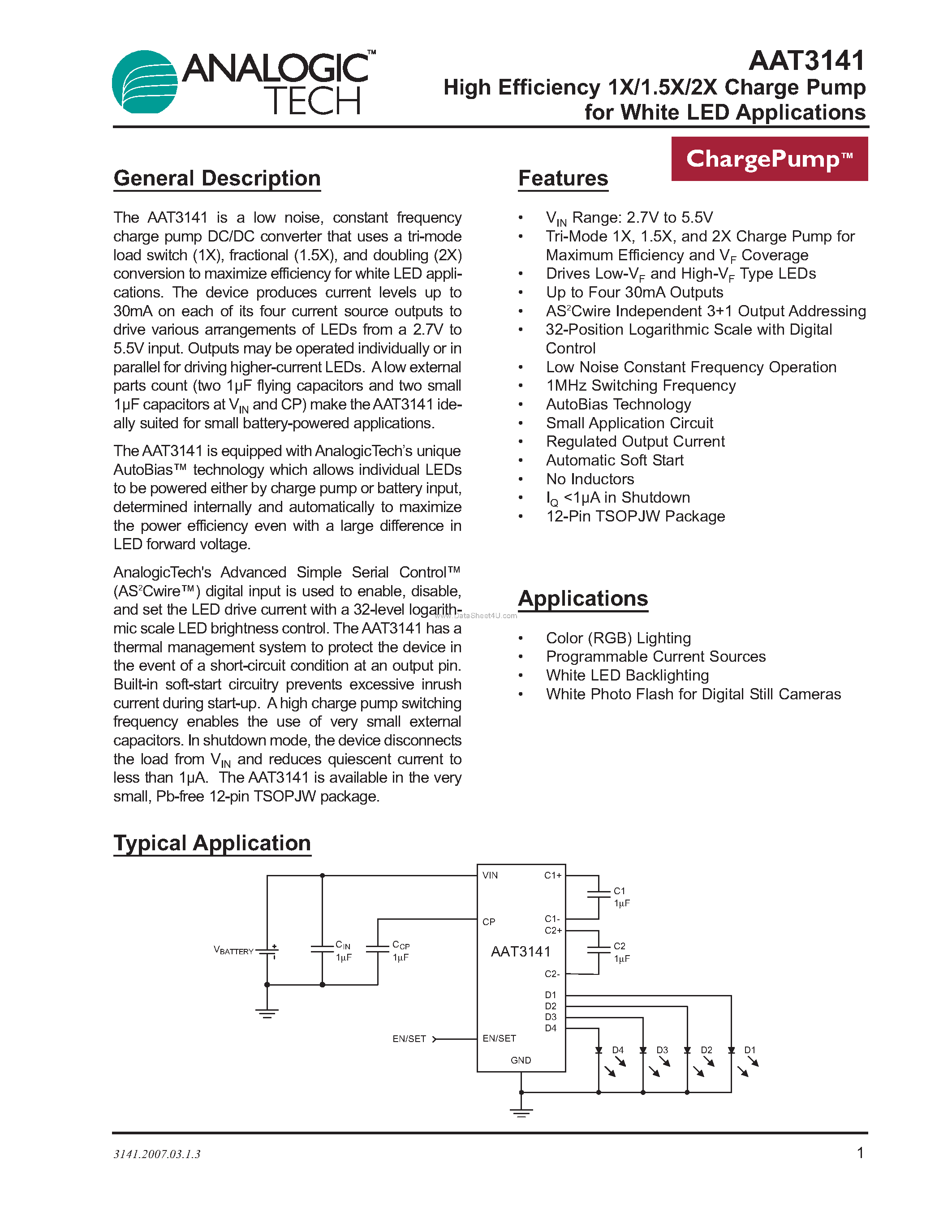 Даташит на микросхему AAT3141 страница 1 Даташит AAT3141 - High Efficiency 1X/1.5X/2X Charge Pump страница 1