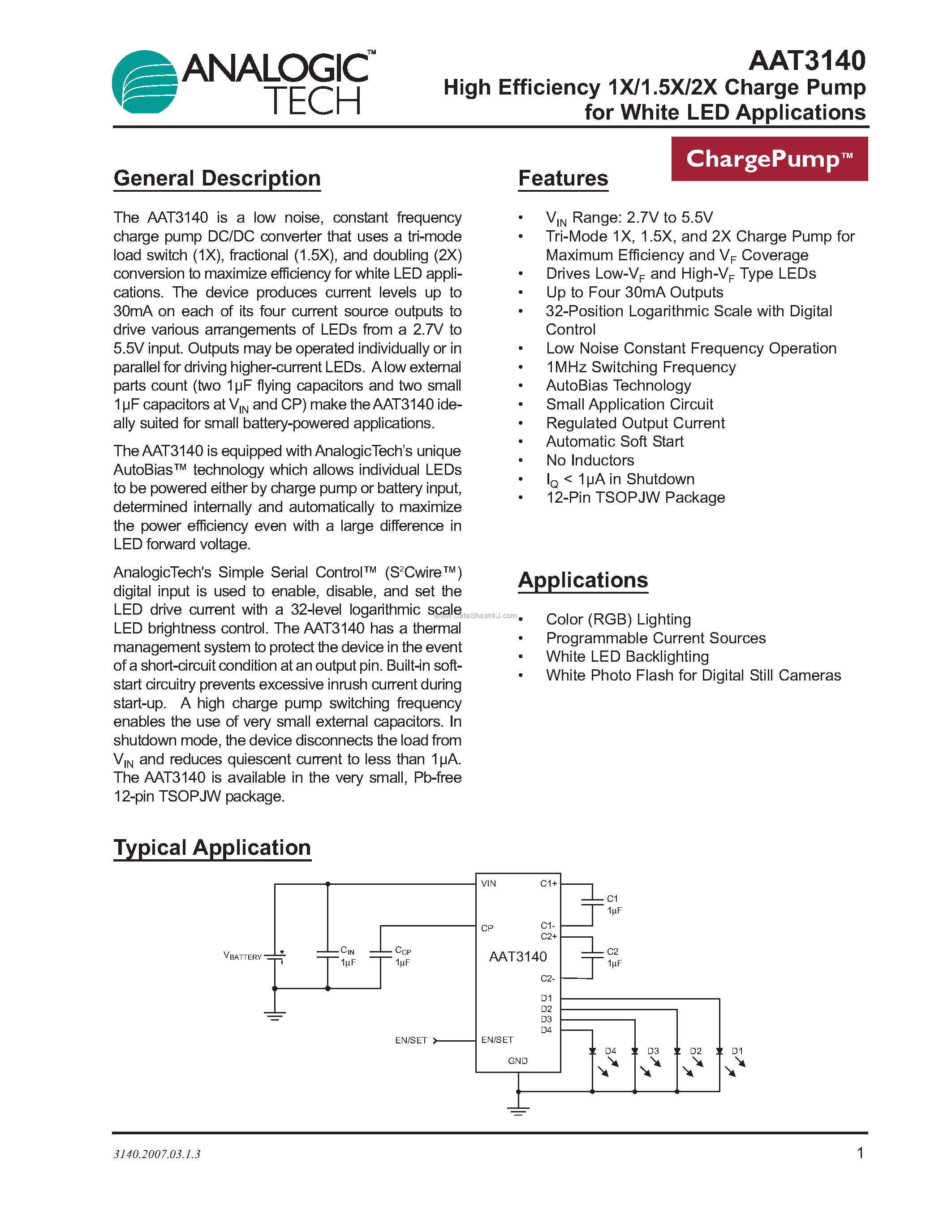 Datasheet AAT3140 - High Efficiency 1X/1.5X/2X Charge Pump page 1
