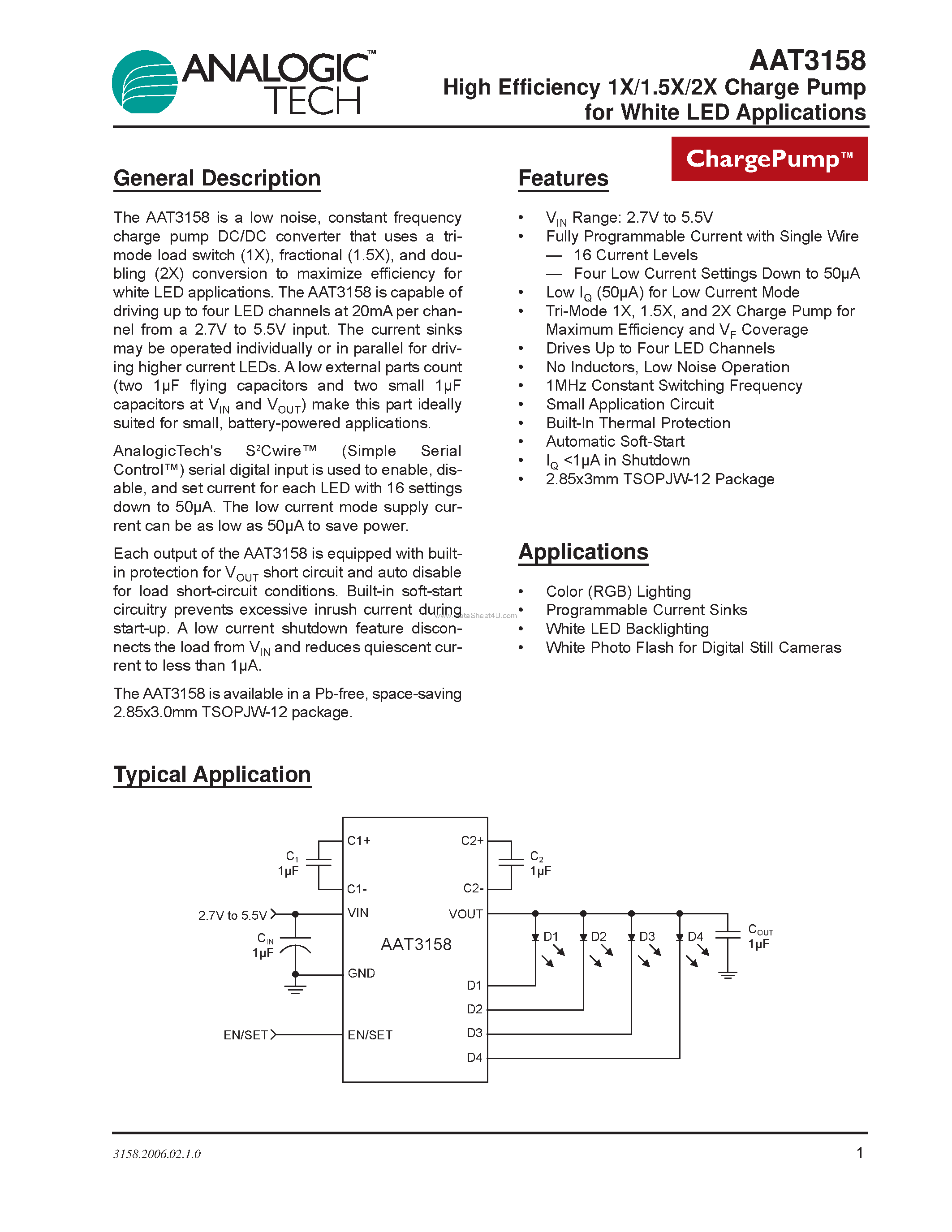 Даташит AAT3158 - High Efficiency 1X/1.5X/2X Charge Pump страница 1