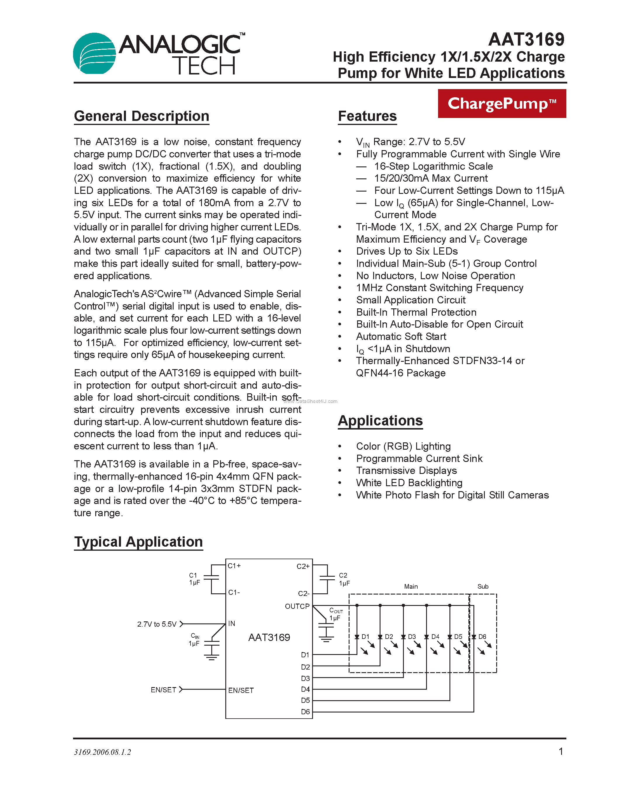 Даташит на микросхему AAT3169 страница 1 Даташит AAT3169 - High Efficiency 1X/1.5X/2X Charge Pump страница 1