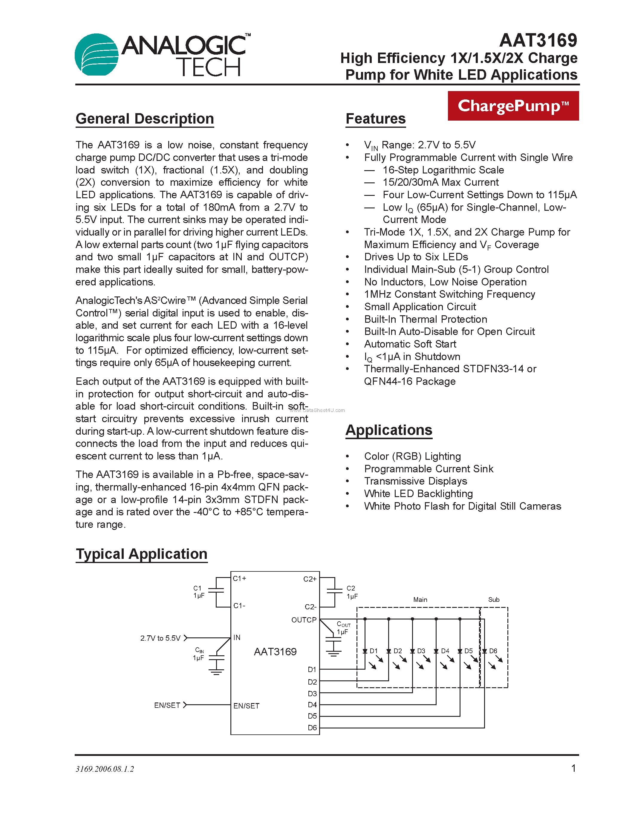 Datasheet AAT3169 - High Efficiency 1X/1.5X/2X Charge Pump page 1