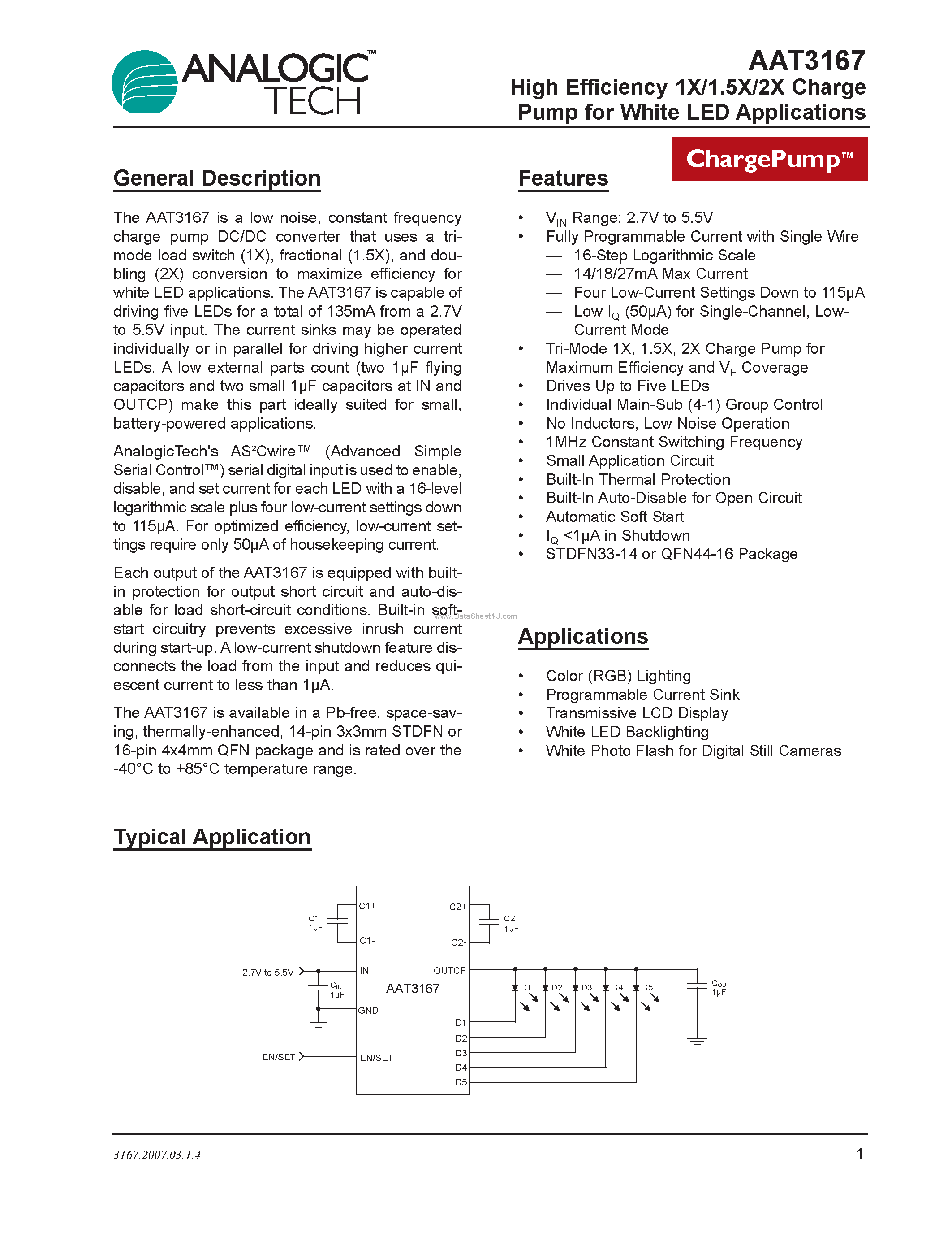 Datasheet AAT3167 - High Efficiency 1X/1.5X/2X Charge Pump page 1