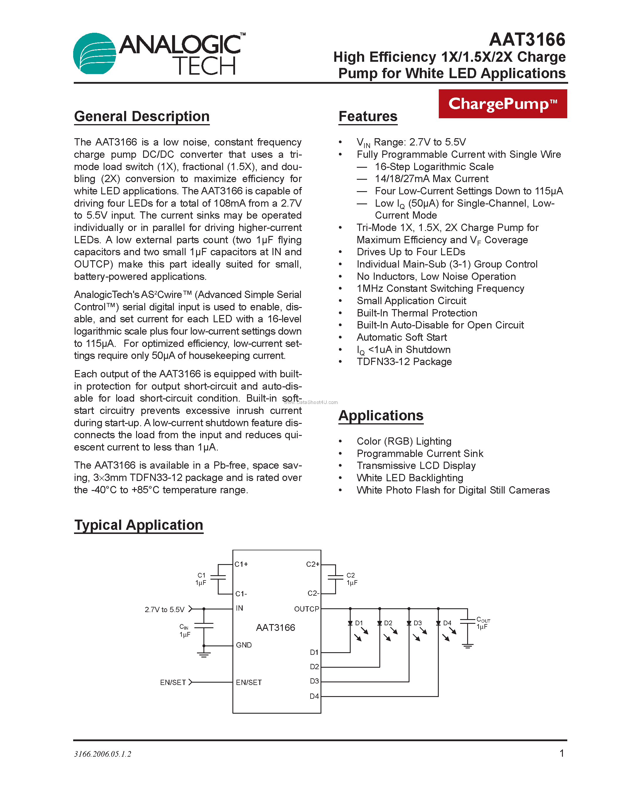Datasheet AAT3166 - High Efficiency 1X/1.5X/2X Charge Pump page 1