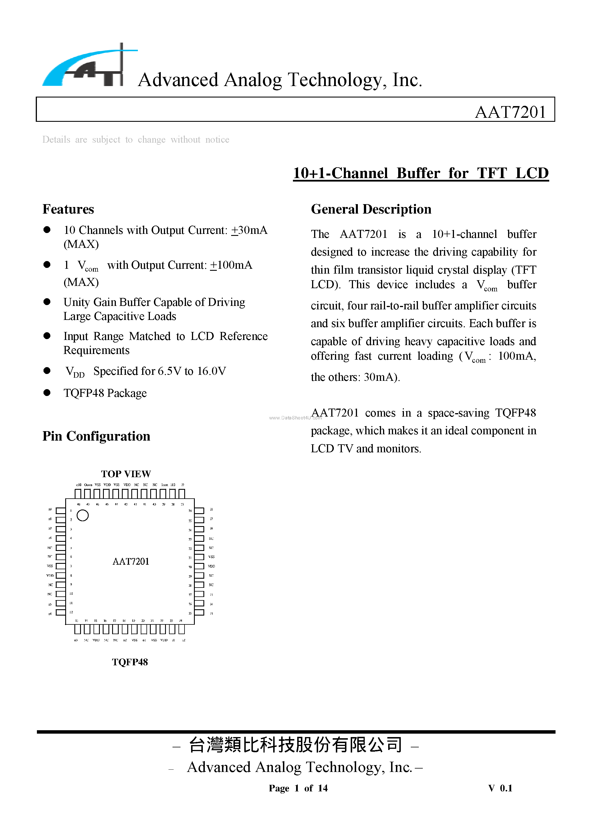 Datasheet AAT7201 - 10+1-Channel Buffer page 1