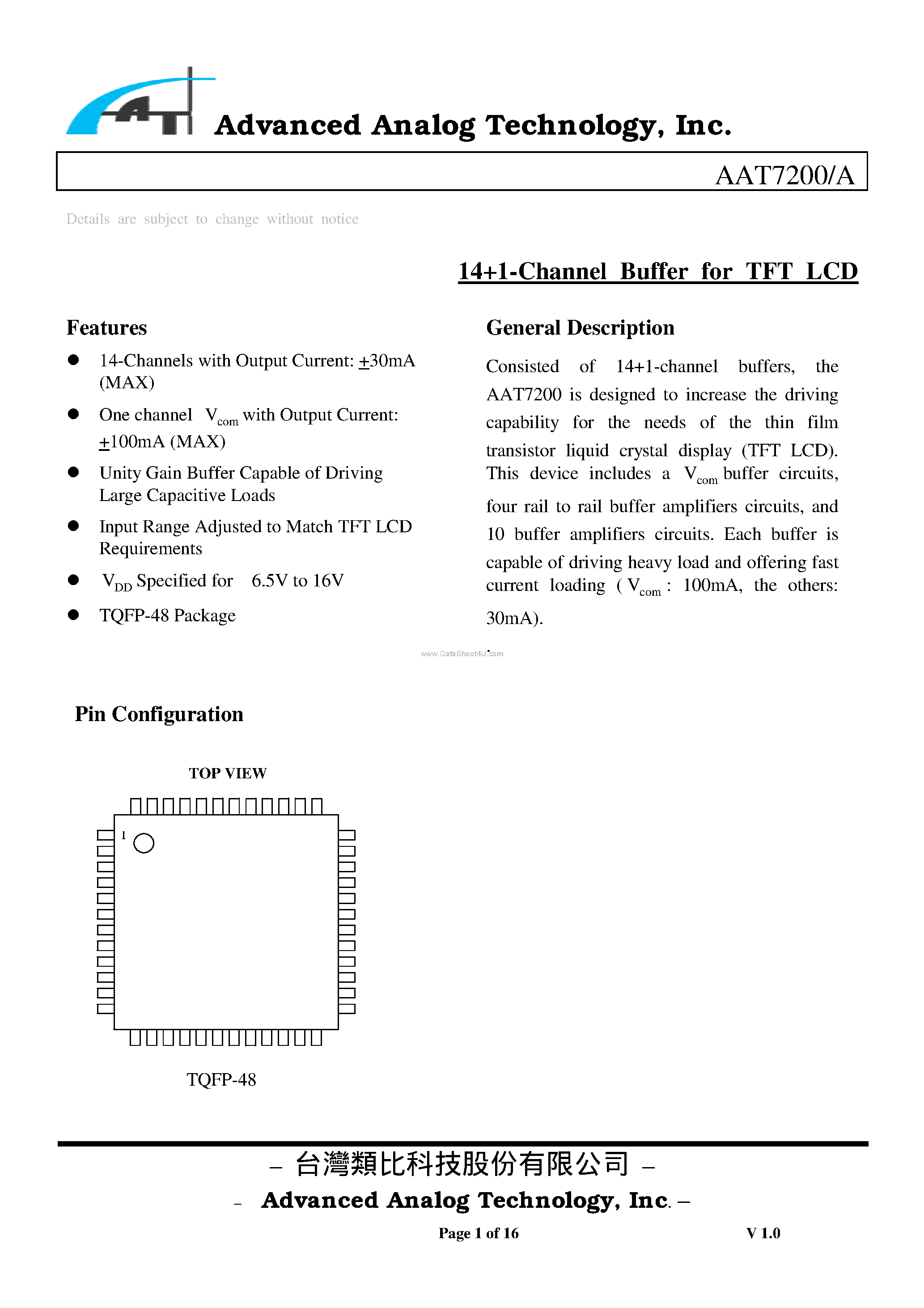Datasheet AAT7200 - 14+1-Channel Buffer page 1
