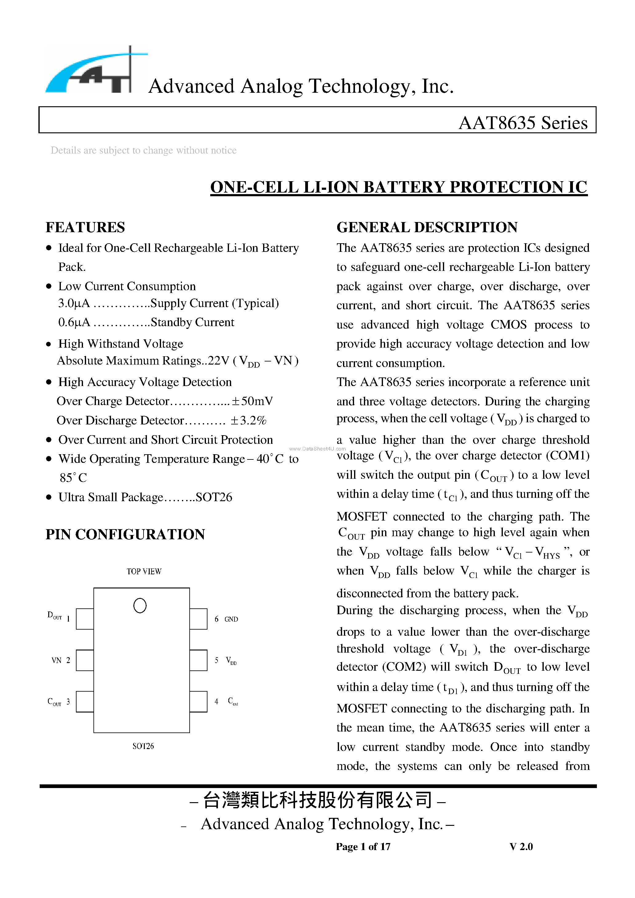 Datasheet AAT8635 page 1 Datasheet AAT8635 - ONE-CELL LI-ION BATTERY PROTECTION IC page 1