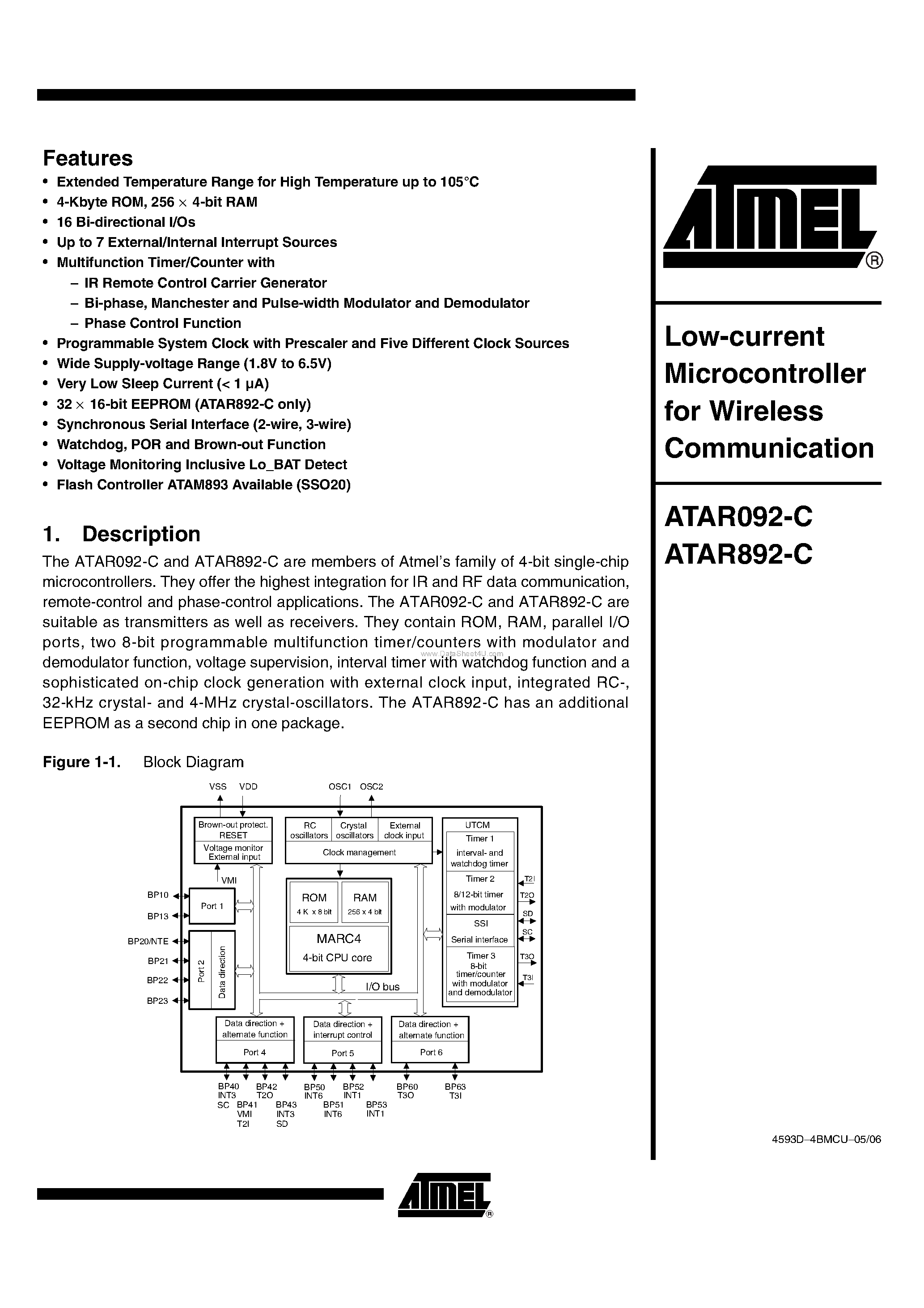 Datasheet ATAR092-C - (ATAR092-C / ATAR892-C) Low-current Microcontroller page 1