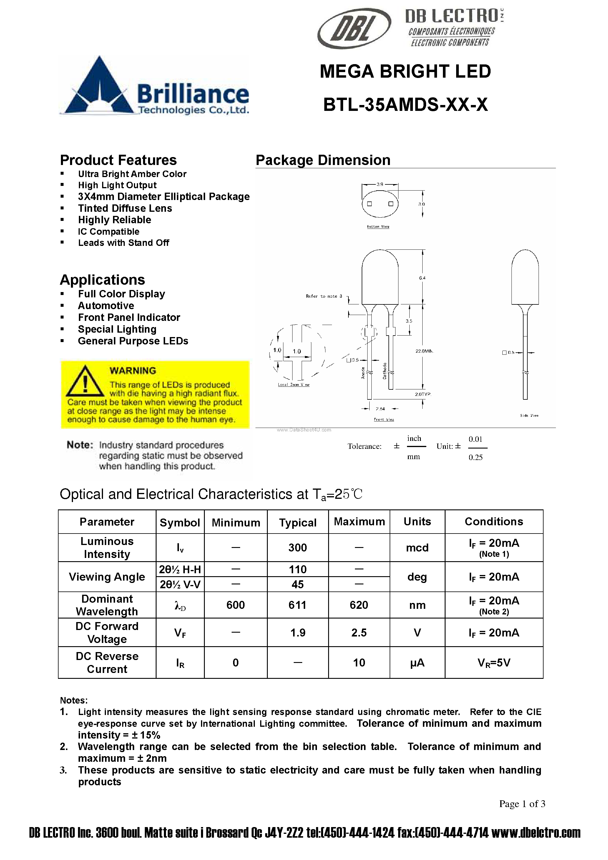 Даташит на микросхему BTL-35AMDS-XX-X страница 1 Даташит BTL-35AMDS-XX-X - MEGA BRIGHT LED страница 1
