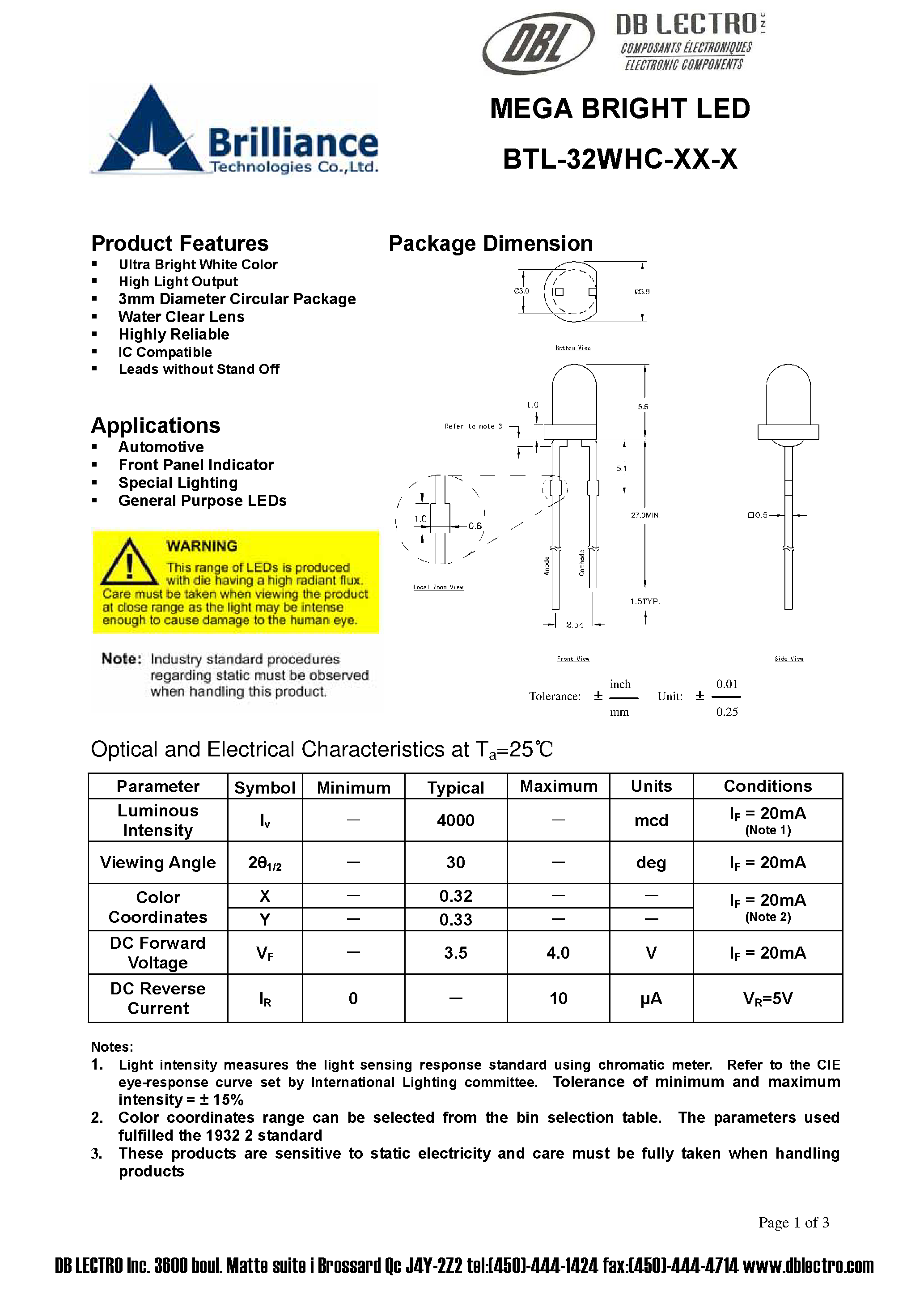 Datasheet BTL-32WHC-xx-x - MEGA BRIGHT LED page 1