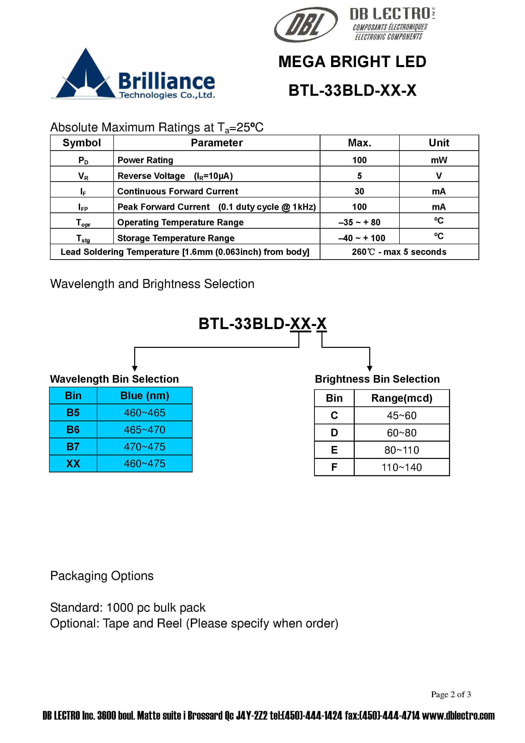 Даташит на микросхему BTL-33BLD-xx-x страница 2 Даташит BTL-33BLD-xx-x - MEGA BRIGHT LED страница 2
